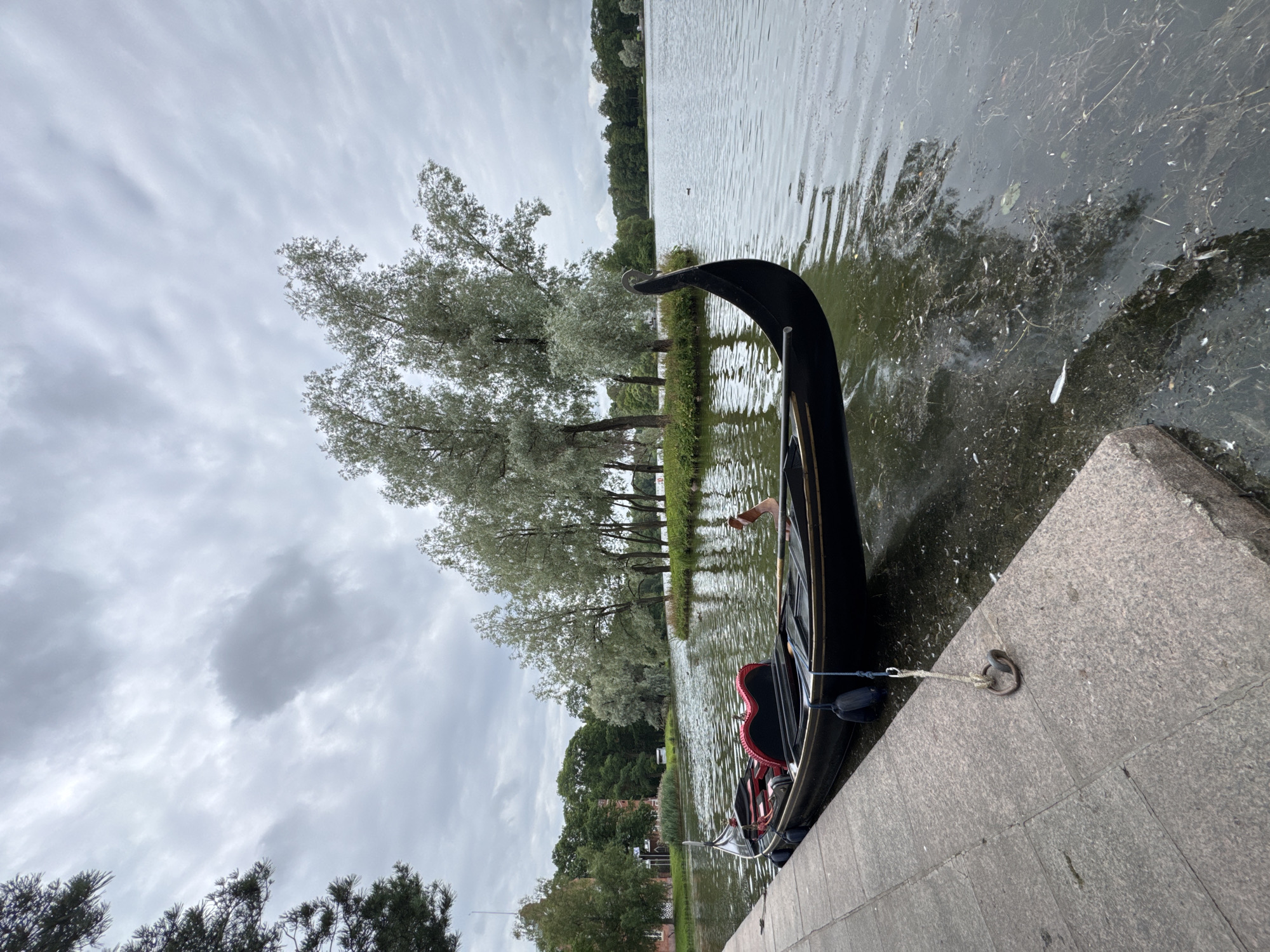 The image depicts a black gondola moored to a stone embankment alongside a body of water. The gondola is equipped with red seating and decorative elements. In the background, a small, tree-covered island is visible in the water, with a larger island or mainland covered in lush green trees and some architectural structures on the left. The sky is overcast with dramatic cloud formations. The scene is likely situated in the Catherine Park in Pushkin, Russia, a location renowned for its canals and picturesque landscapes that often feature gondolas. The water appears somewhat murky with debris floating on the surface. The overall atmosphere is tranquil and serene, characteristic of a park setting.