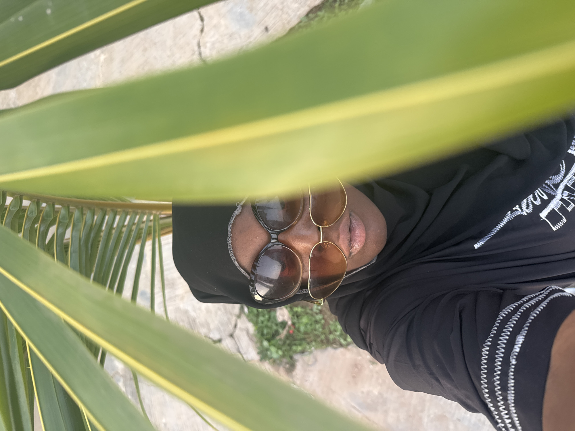 This is a vertical, close-up, eye-level shot of a Black person, viewed from above and slightly to the side, with large green palm fronds framing the top and left of the image. The person is wearing a black hijab and large, round sunglasses with brown lenses. They are looking down and slightly to the right, with their mouth open and tongue visible. The person is wearing a black garment with white decorative stitching along the neckline and sleeves. The background is blurred, showing a light-colored concrete surface with some sparse green vegetation. The lighting suggests it is daytime, possibly sunny. The overall impression is casual and intimate, perhaps a selfie taken outdoors in a tropical or subtropical environment. No text is visible in the image. The location context is Yelwa, Nigeria.