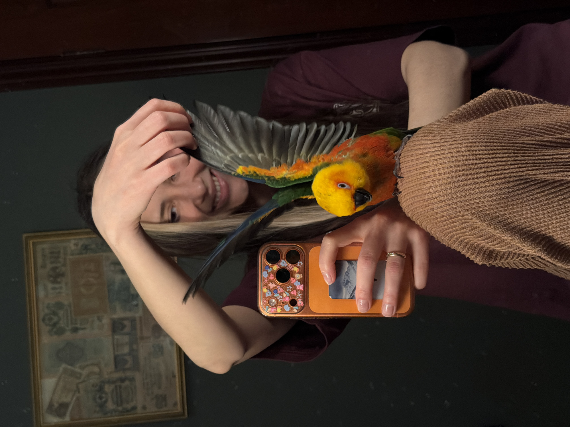 A woman with blonde-streaked hair, a maroon shirt, and a brown corduroy shirt is taking a selfie with an orange and yellow parrot. The parrot has its wing spread out and the woman is smiling. The woman is holding an orange phone. In the background is a framed picture on a dark green wall. The location is unknown.