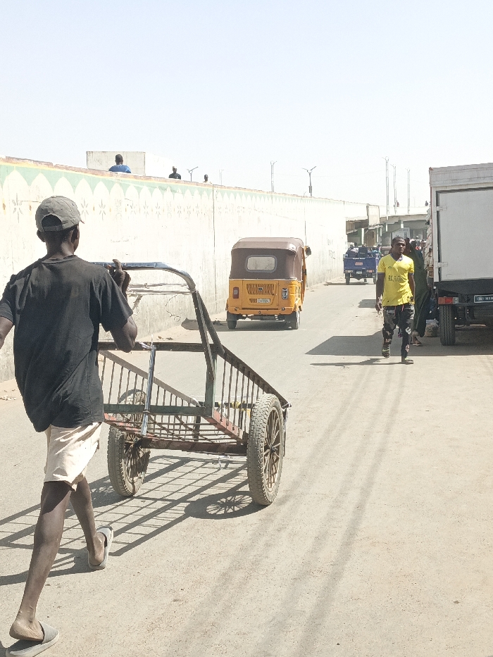 This image depicts a daylight street scene in Fagge C, Nigeria. In the foreground, a young male, seen from behind, pushes an empty, four-wheeled, dark-colored metal handcart along a dusty, light-colored road. He wears a dark t-shirt, light-colored shorts, a light baseball cap, and flip-flops. His shadow extends to the right.
In the midground, a yellow three-wheeled auto-rickshaw is oriented away from the viewer on the left side of the road. Further down, a male subject wearing a bright yellow t-shirt and dark patterned trousers walks towards the viewer on the right side of the road. Part of a white box truck is visible on the far right, also facing away.
The background features a long, light-colored concrete wall adorned with a patterned frieze of green and light brown geometric shapes. Several individuals are visible on top of this wall, and sparse structures or elevated ground appear behind it. Utility poles or streetlights are sparsely distributed along the background. The sky is clear and bright, indicating strong sunlight which casts sharp shadows across the scene.