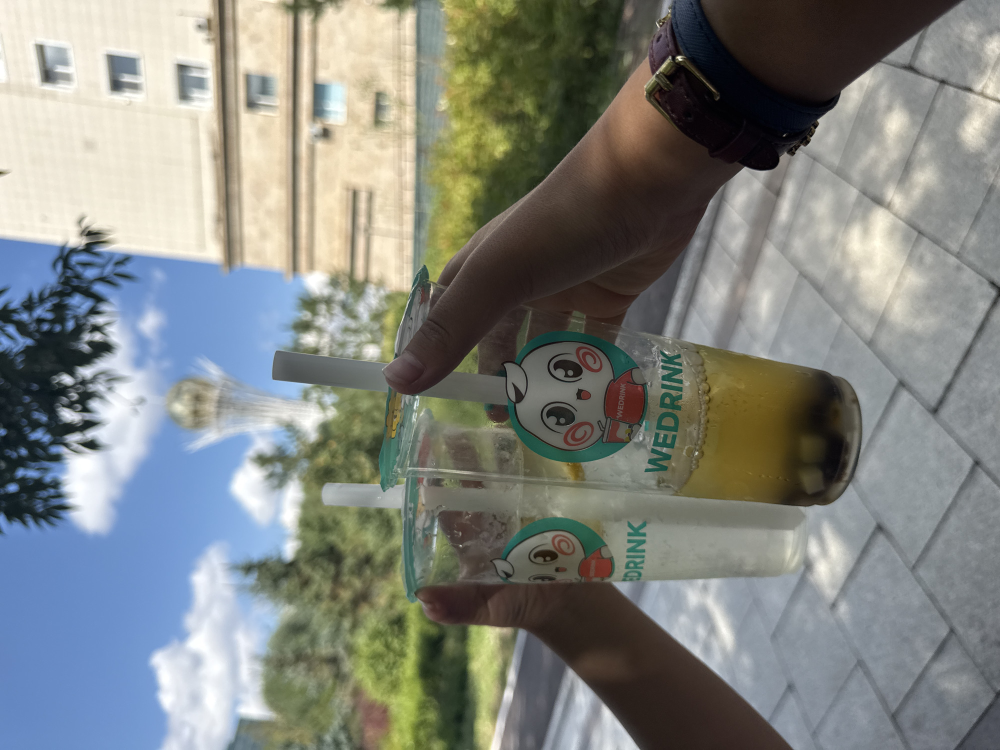 Two people are holding plastic cups of beverages, likely bubble tea, in front of a blurred background of Astana, Kazakhstan. The cup on the right contains a yellowish liquid with dark brown tapioca pearls at the bottom. Both cups have a green lid and a white straw, and feature a cartoon character logo with the text "WEDRINK". In the background, the Bayterek Tower, a landmark in Astana, is visible, along with a tall building and greenery. The sky is blue with scattered clouds. The overall scene suggests a casual outing in the city.