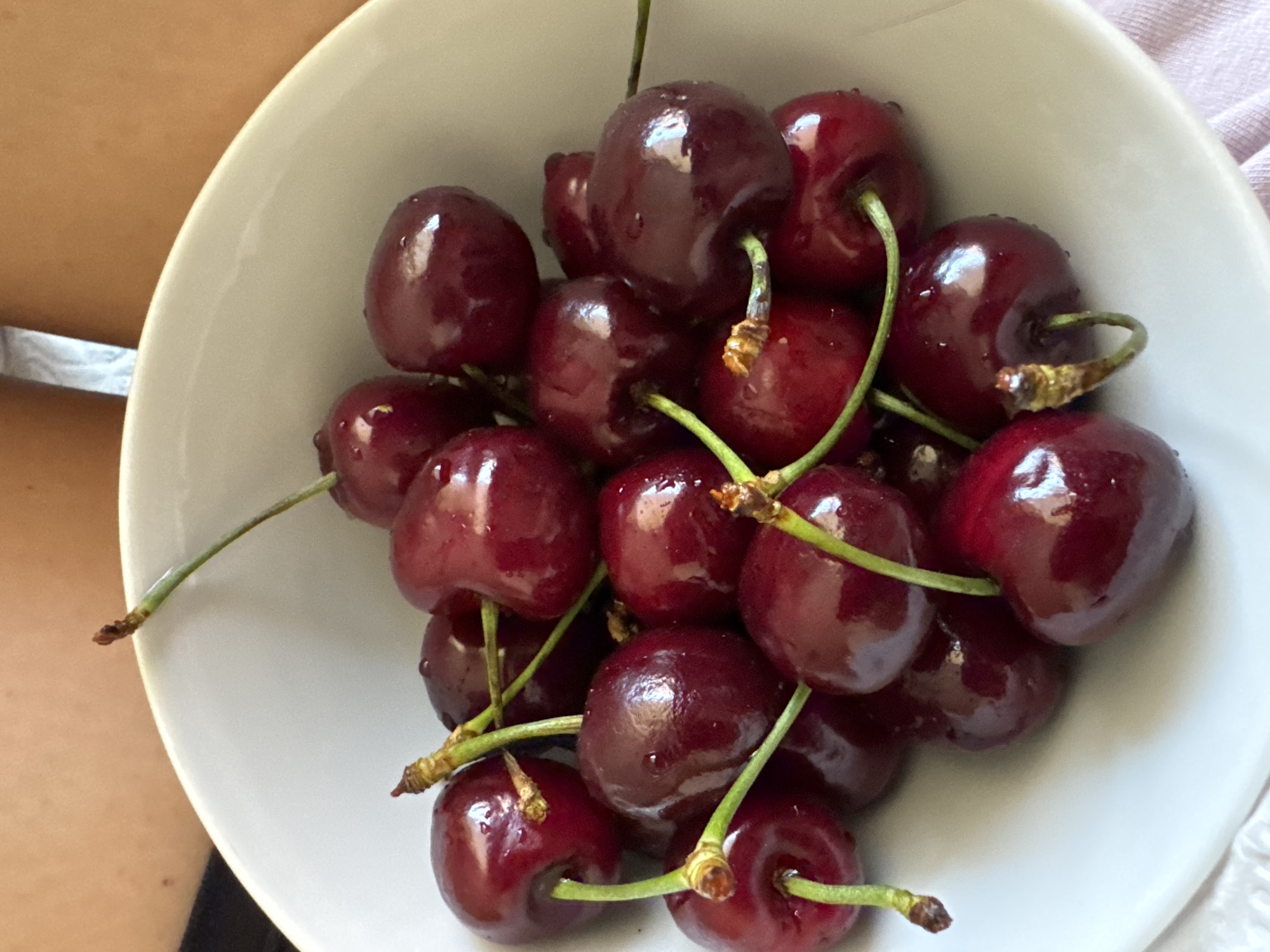 A close-up, eye-level shot shows a white bowl filled with dark red cherries with green stems. The cherries appear fresh and have a slightly glossy surface. The bowl is situated indoors. A light-skinned arm and part of a light purple fabric garment are visible in the background. The precise location within Sofia, Bulgaria, cannot be determined from this image alone.