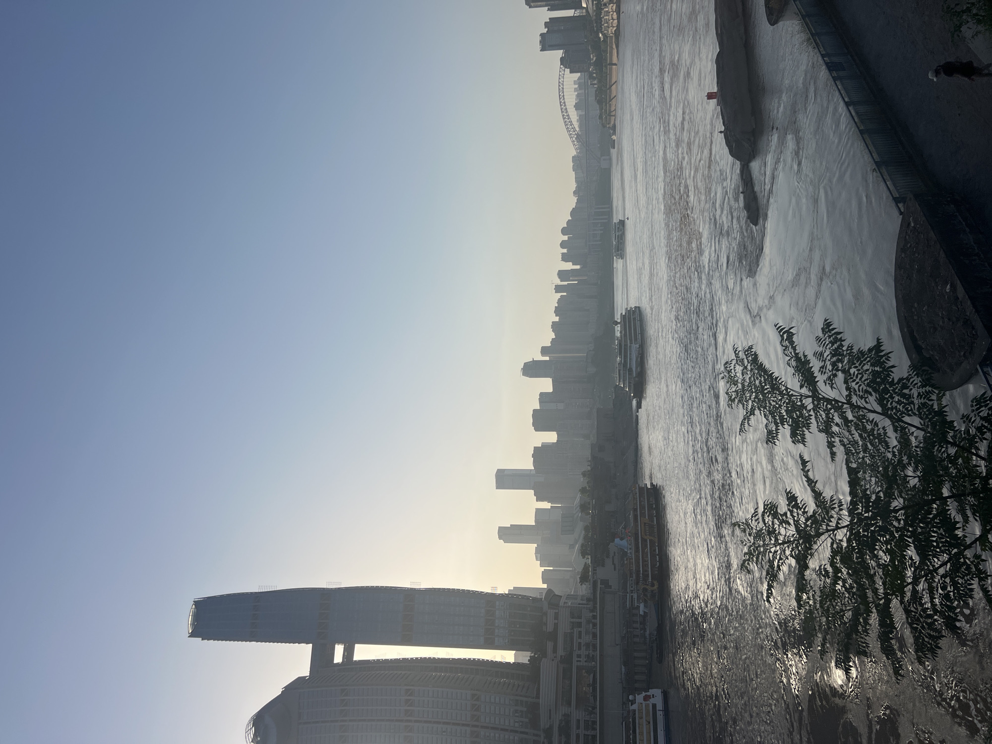 A wide, panoramic view of the Yangtze River at dawn in Chongqing's Nan'an District, China, captures a serene urban landscape. The sun, partially obscured by haze, casts a warm glow on the rippling water, creating shimmering reflections. Several boats, ranging from small passenger vessels to larger ferries, navigate the river, their wakes disturbing the otherwise calm surface.
In the foreground, lush green trees with delicate, feathery leaves frame the scene, their silhouettes contrasting with the bright sky. A paved walkway runs along the riverbank, separated by a metal railing, with a few individuals visible, including a woman walking down a set of stairs and another person on a rocky outcrop in the river.
Dominating the left side of the frame are towering modern skyscrapers, their glass facades reflecting the soft morning light. One particularly striking building features a unique, curved design with a horizontal skybridge connecting two sections. Across the river, a dense collection of high-rise buildings forms the city's skyline, stretching towards the horizon. A prominent arch bridge spans the river in the distance, adding to the urban panorama. The sky is a clear, pale blue, transitioning to a hazy yellow near the horizon where the sun is rising.