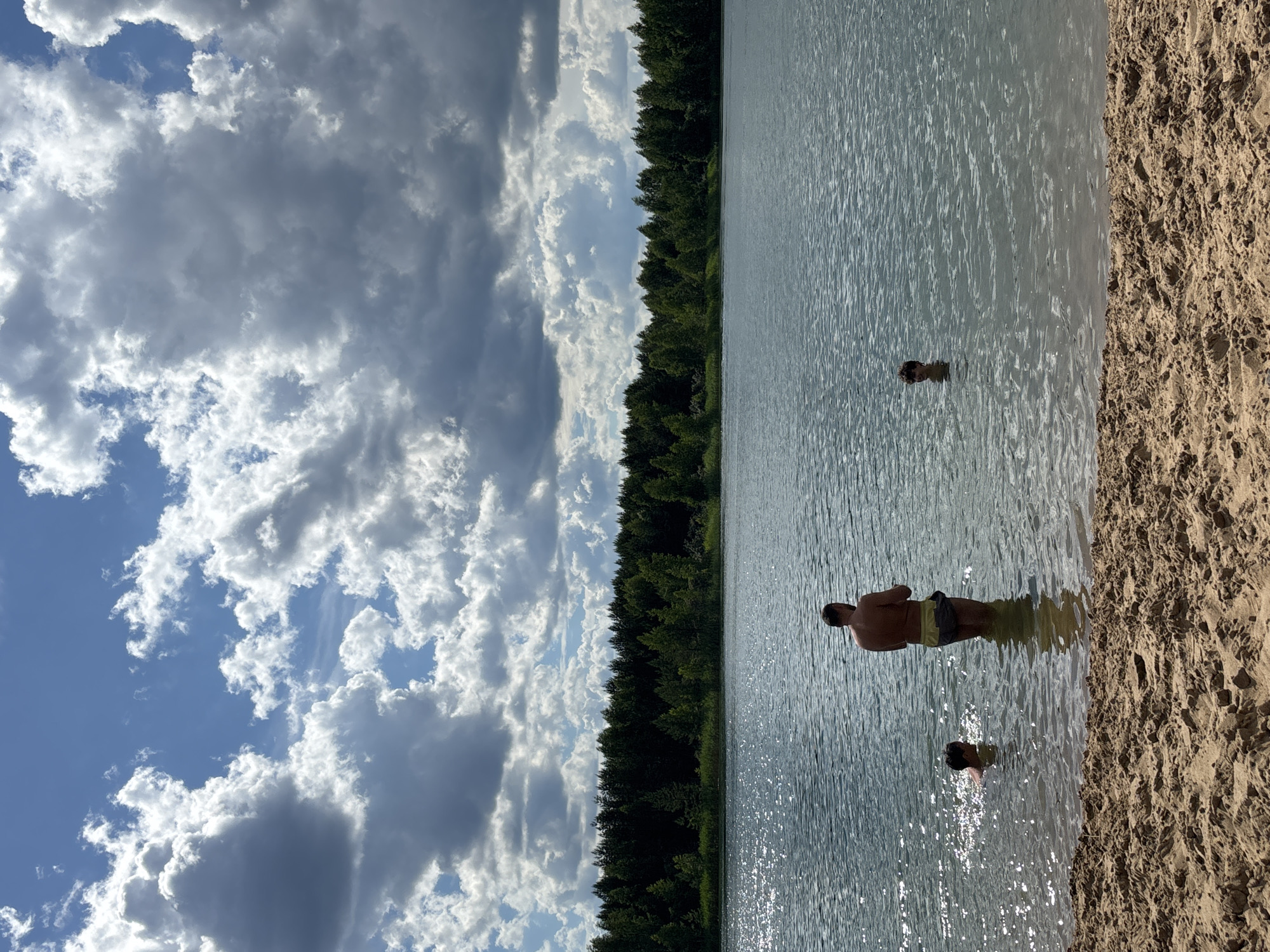 An outdoor, medium shot captures a serene lake scene on a partly cloudy day. The sandy shoreline occupies the foreground, leading to the clear, rippling water of the lake. A dense forest of green trees forms a horizontal line across the middle ground, bordering the far side of the lake. Above, a vast expanse of sky is filled with dramatic, white, and grey cumulus clouds against a bright blue backdrop. In the water, three individuals are visible. A man, seen from the back, stands waist-deep in the lake, wearing yellow and grey swim trunks. To his left, a child is partially submerged, with only their head visible above the water. Further to the right, another child is also in the water, with their head visible. The overall atmosphere suggests a leisurely summer day at the lake, potentially in or near Novyi, Russia, given the natural landscape.