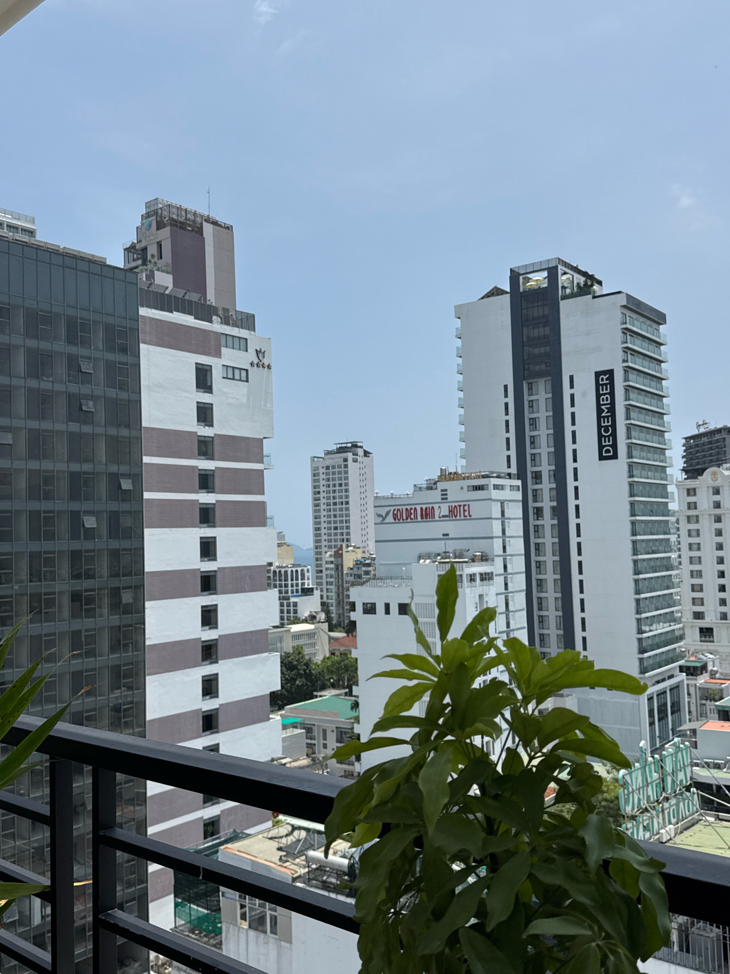 The image shows a cityscape in Nha Trang, Vietnam, viewed from a balcony with a black railing and green foliage in the foreground. In the mid-ground, several tall buildings dominate the scene. One prominent building on the right is a white high-rise with a dark vertical stripe containing the word "DECEMBER" in white capital letters. To the left of this building is a white and brown striped building, and further to the left is a dark-tinted glass building. In the background, more buildings of varying heights and architectural styles can be seen, interspersed with some greenery. The sky is clear and light blue, suggesting a daytime setting. The overall impression is of a modern urban environment in a coastal city.