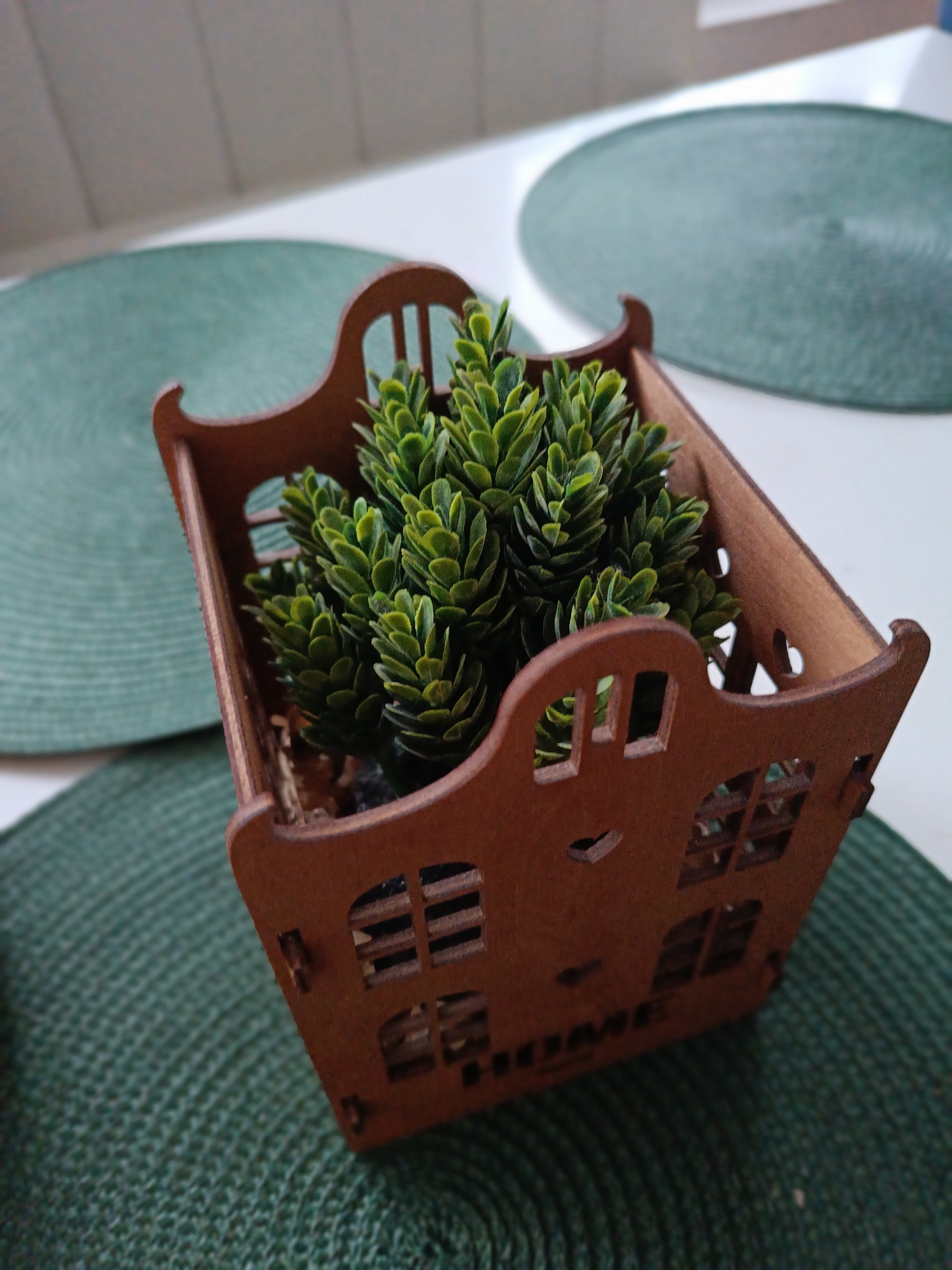 A close-up shot focuses on a small, house-shaped, brown wooden container holding a cluster of artificial green plants. The container, which has cut-out window and heart designs along with the word "HOME," is placed on a green, woven placemat. Another similar placemat is partially visible in the background. The background also shows a glimpse of a white surface, possibly a table or countertop. There is no indication of the location being Chaikovsky, Russia, or any other specific geographic location.