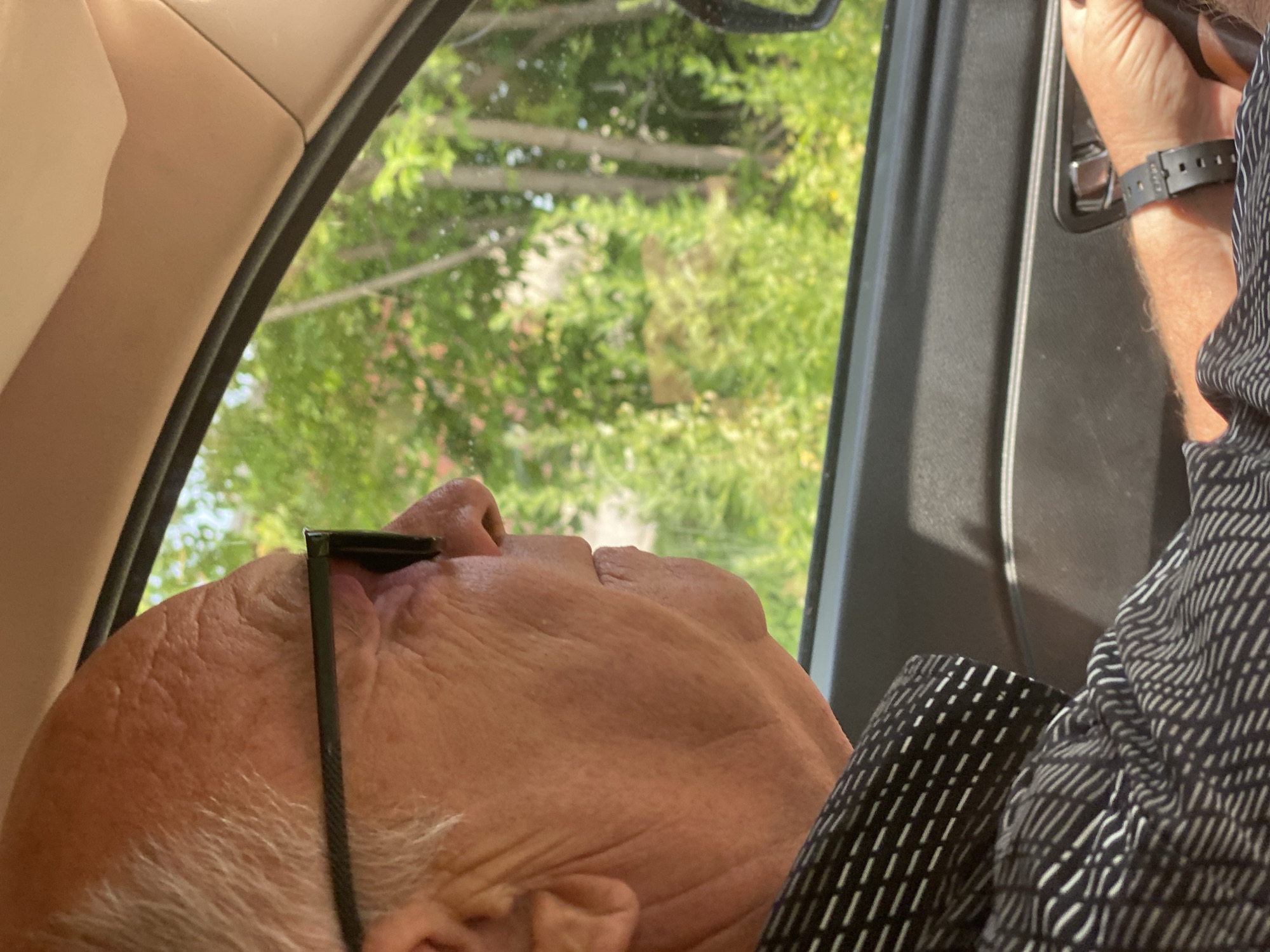 An elderly man with white hair and glasses is driving a car. He is wearing a black and white patterned shirt. The car's interior is visible, as is the greenery outside the window. The image is taken from inside the car, looking out the driver's side window. There is no information available about the specific location in Novokuznetsk, Russia, or any other details related to the city.