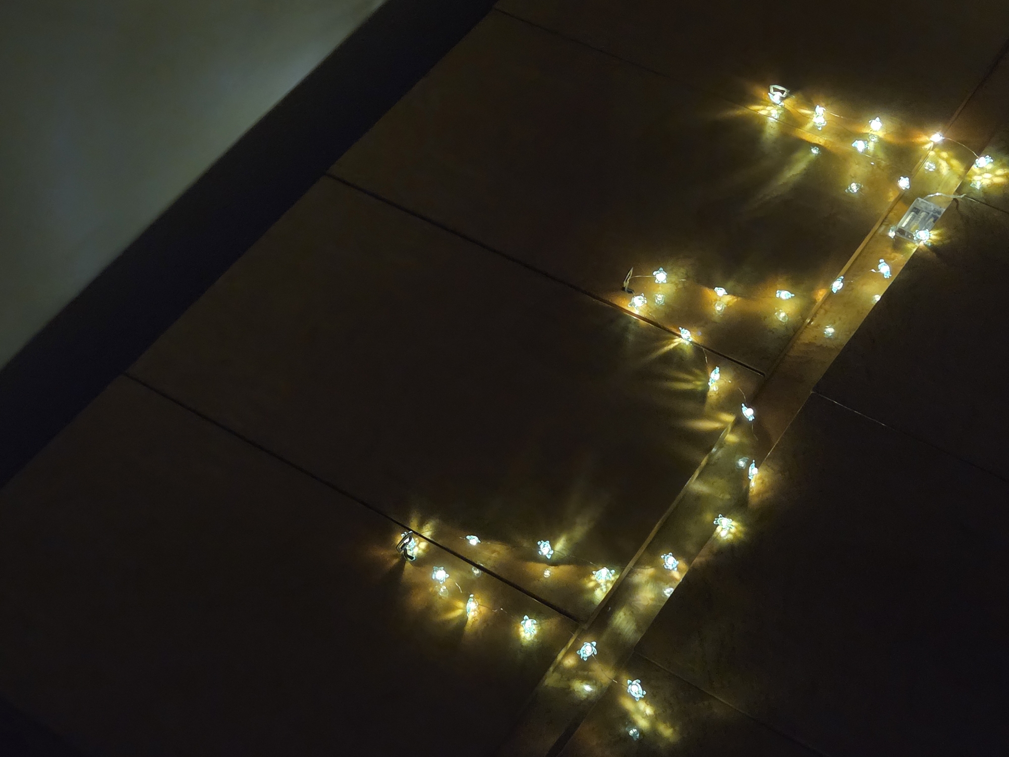 The image depicts a dimly lit surface composed of what appear to be rectangular tiles. A string of novelty lights, shaped like turtles, is draped across the tiles. The lights emit a soft, yellowish glow. The left side of the image is shrouded in darkness, possibly due to a shadow or lack of ambient light. The scene appears to be indoors. There is no evidence in the image to suggest this photograph was taken in Cherkovitsa, Bulgaria, or anywhere specifically.