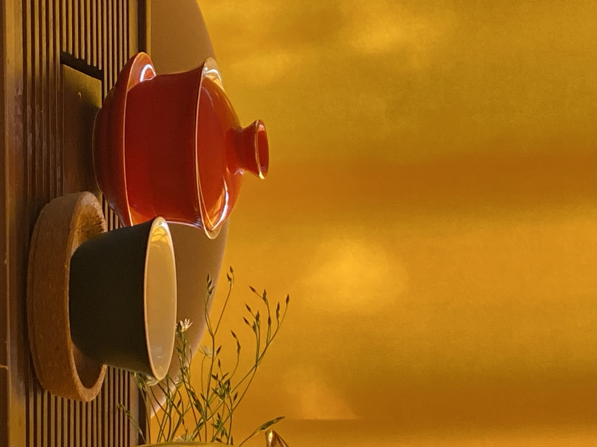 A red, lidded pot sits above a dark green cup with a beige interior, mounted on a wooden structure with vertical slats. Below, sprigs of greenery with small white flowers emerge. The background is a muted gold color. The image does not contain information about the location or city of Tyumen, Russia.