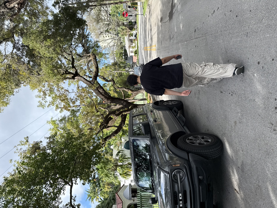 A man walks on a sidewalk near a gray Ford Bronco. The street is lined with trees, one of which has large, sprawling branches extending over the vehicle. Across the street, houses with red-tiled roofs and palm trees are visible. A stop sign is also visible at an intersection. The day appears bright with a mix of clear sky and clouds.