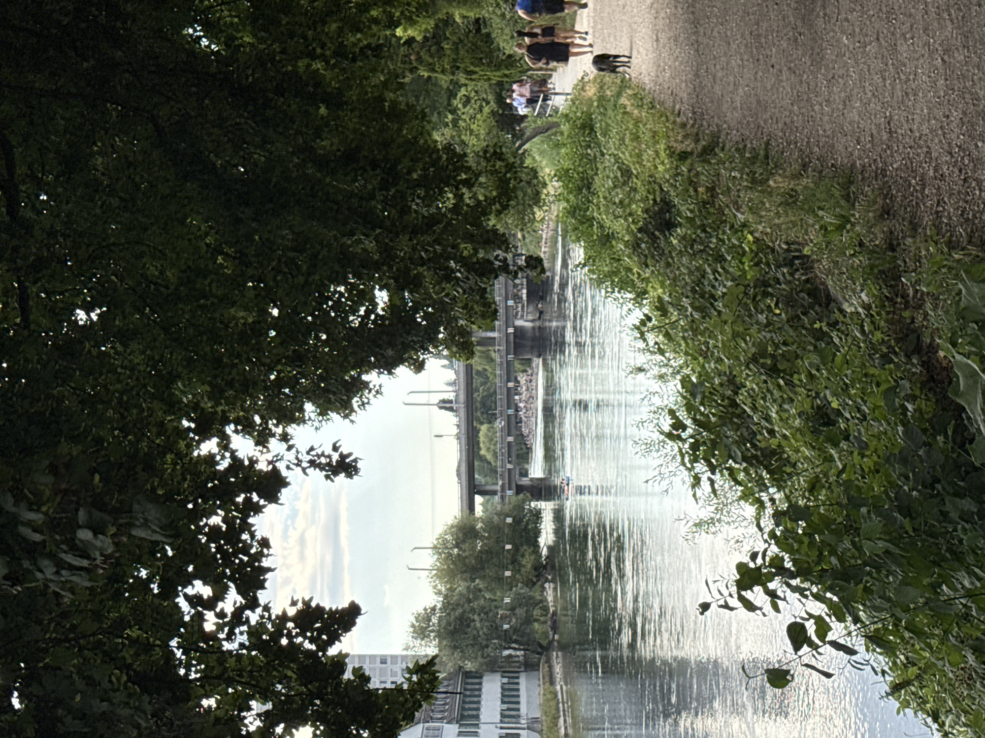 The image depicts a scenic view of a canal or river in Zurich, Switzerland, flanked by lush green foliage and a paved pathway. The perspective is from ground level, looking outwards towards the water.
On the pathway, a group of people are visible, some walking and others standing. One person appears to be walking a dog. The people are dressed casually, suggesting a leisurely activity. The pathway is made of gravel or a similar material.
The water of the canal reflects the sky and the surrounding greenery, creating a shimmering effect. In the distance, a bridge spans the water, with structures that suggest it's a transportation route. There are also buildings visible along the banks of the canal, including a modern-looking white building with dark windows. The scene appears to be set during the daytime, with soft, diffused light suggesting it might be overcast or late afternoon.
The overall atmosphere of the image is peaceful and serene, characteristic of a pleasant day spent outdoors in a natural setting within an urban environment. The dense foliage framing the scene adds a sense of depth and tranquility. No text is visible in the image.