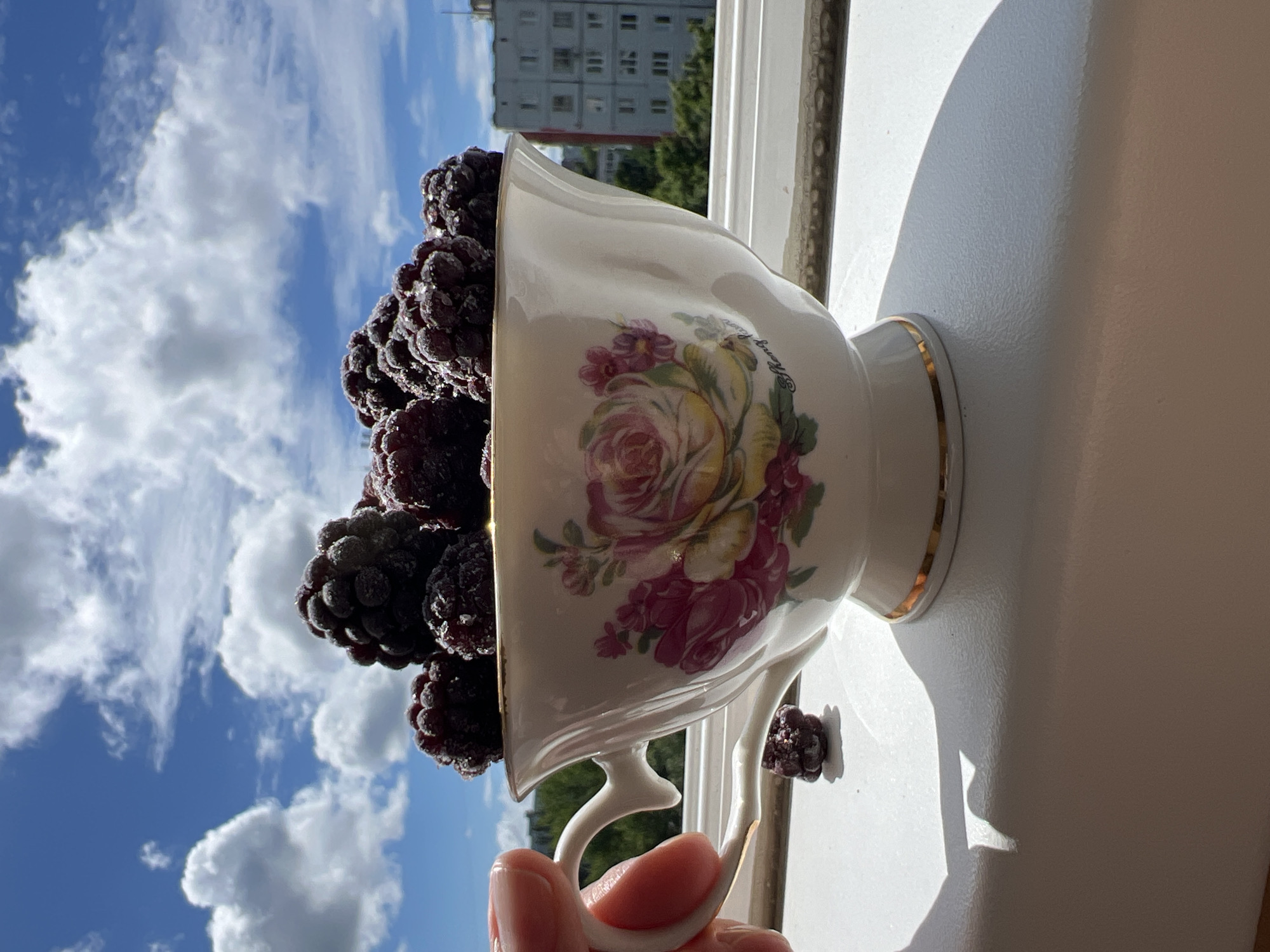 A hand holds the handle of a decorative white teacup filled with dark berries, likely blackberries, which appear to be dusted with frost or sugar. The teacup rests on a white windowsill. A single berry is placed on the windowsill in front of the teacup. The background shows a bright blue sky with fluffy white clouds, a line of trees, and a light-colored apartment building. The overall scene suggests a domestic setting with an outdoor view. The teacup has a floral pattern featuring pink and yellow roses and is edged with gold. The writing on the teacup, though partially obscured, appears to be in script and potentially includes a name or inscription. The image is captured from a low angle, emphasizing the teacup and berries against the sky and building. The scene is lit by sunlight, casting shadows on the windowsill. The presence of the apartment building indicates an urban environment, consistent with the city of Tolyatti, Russia, where such apartment blocks are common.