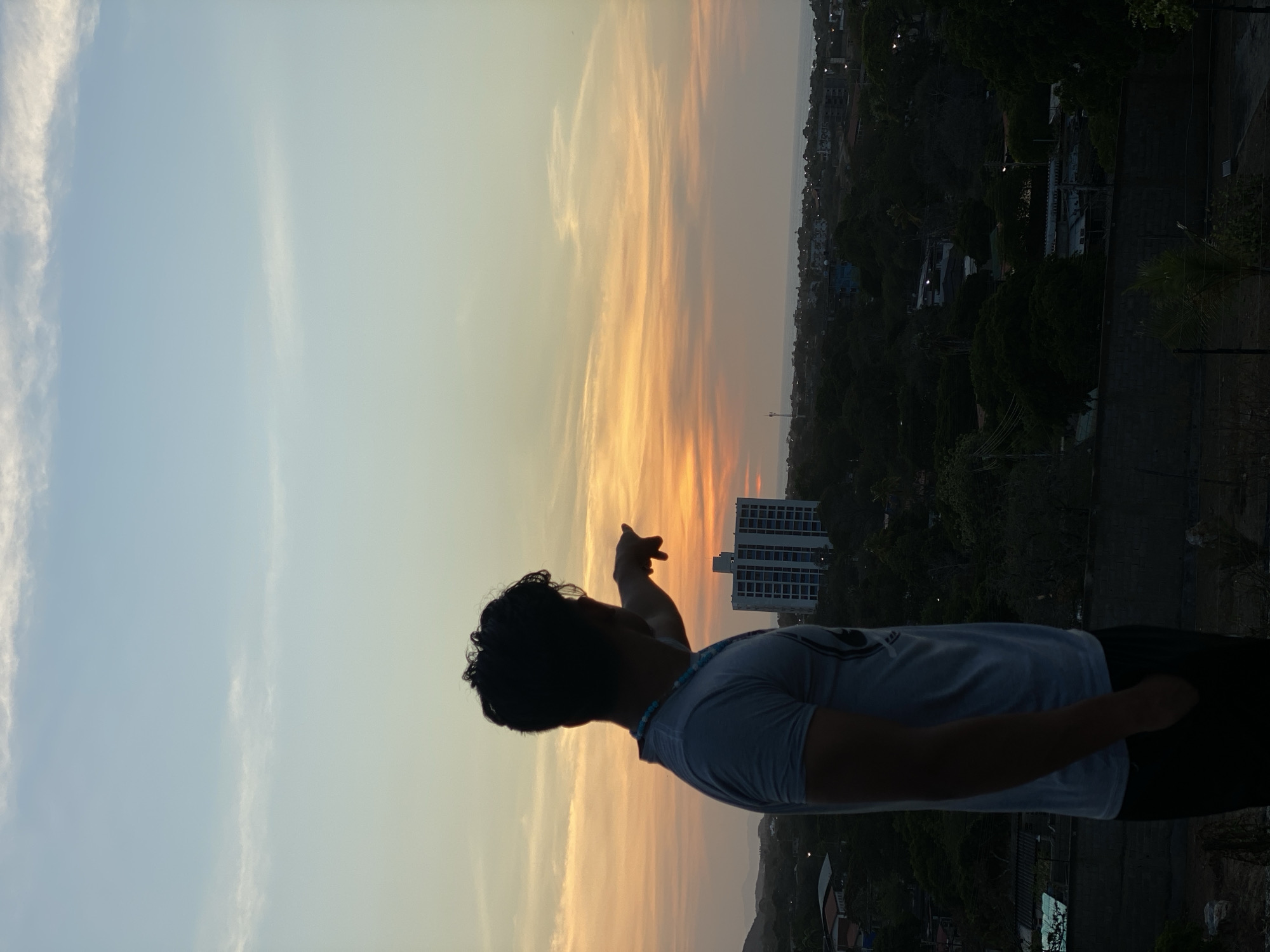 A person stands silhouetted against a vibrant sunset, possibly from a vantage point offering an elevated view of the city of Juan Griego, Venezuela. The sky transitions from a light blue to orange and yellow hues. A multi-story building, possibly a hotel or residential complex, is visible amidst the cityscape. The foreground features foliage and urban elements such as walls and roads. The person is pointing into the distance.
