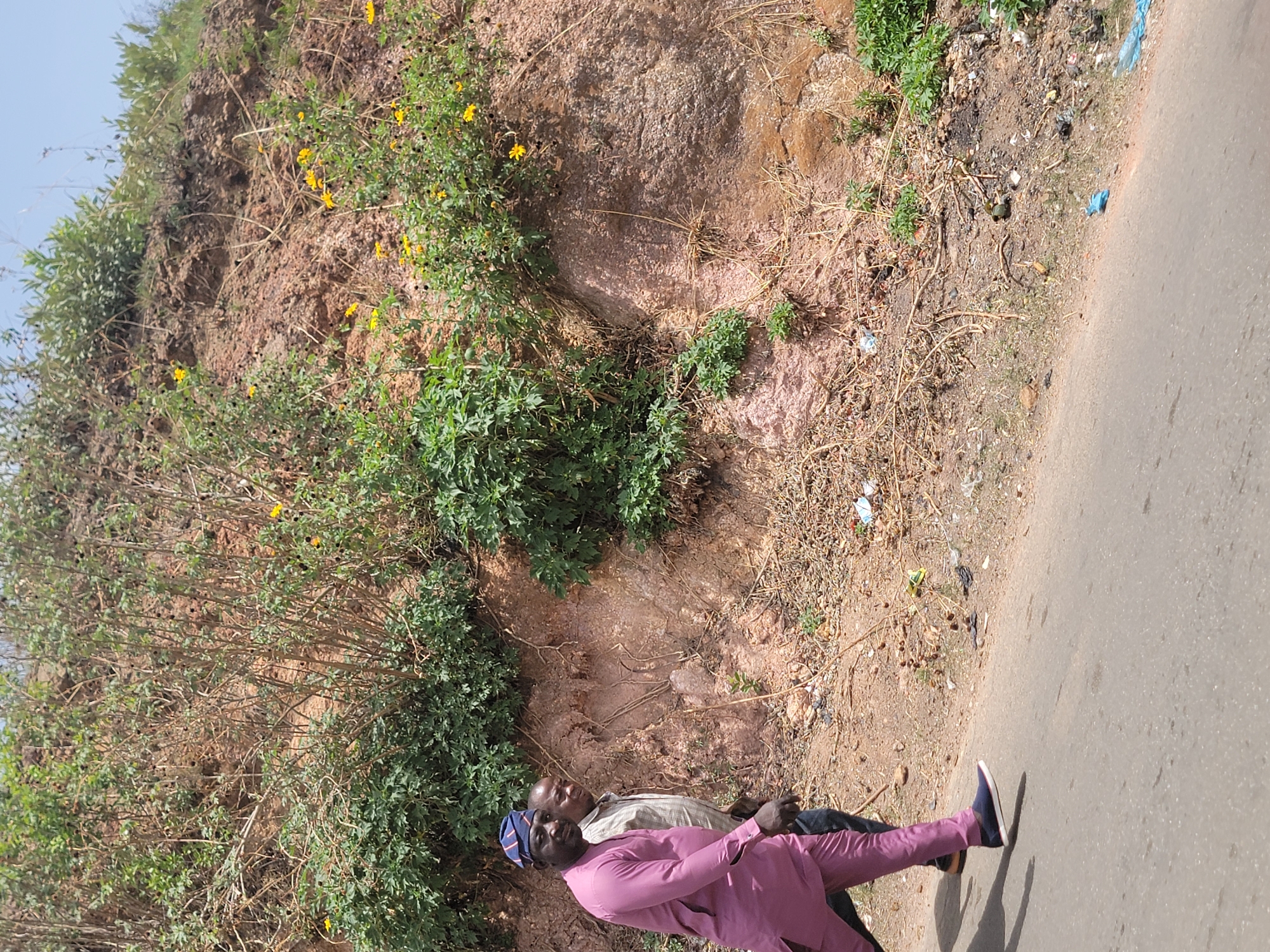 Two men stand beside a road and a hillside in Jos, Nigeria. One man wears a purple suit and a blue hat with red stripes, while the other wears a light-colored shirt. The hillside is covered in vegetation, including yellow flowers. The road is paved and grey. Debris is scattered along the edge of the road.