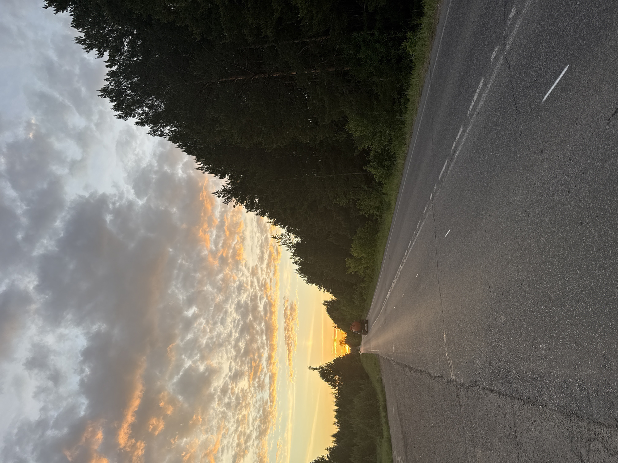 The image captures a scenic view of an asphalt road stretching into the distance under a dramatic sky at either sunset or sunrise. The perspective is from the road itself, looking directly towards the low sun on the horizon.
The road, appearing to be a two-lane highway, occupies the lower right section of the frame. It features clear white dashed lane markings and a solid white line on the right shoulder. Visible cracks on the asphalt suggest some wear. On both sides of the road, dense, dark green trees form a thick forest, creating a verdant border that extends far into the background, obscuring anything beyond.
The sky dominates the upper left portion of the image, filled with numerous clouds. These clouds are brilliantly illuminated by the setting or rising sun, showcasing a striking palette of golden, orange, and light pink hues against a backdrop of lighter gray and white cloud formations. The warm light from the sun creates a long, bright reflection on the road surface, leading the eye towards the distant horizon.
In the far distance, directly silhouetted against the bright sun, a small vehicle, possibly a car or a truck, can be discerned, traveling away from the viewer. The overall atmosphere is one of peaceful travel through a natural landscape during a visually stunning time of day. This serene road scene is situated near Камское, Russia. There is no visible text in the image.