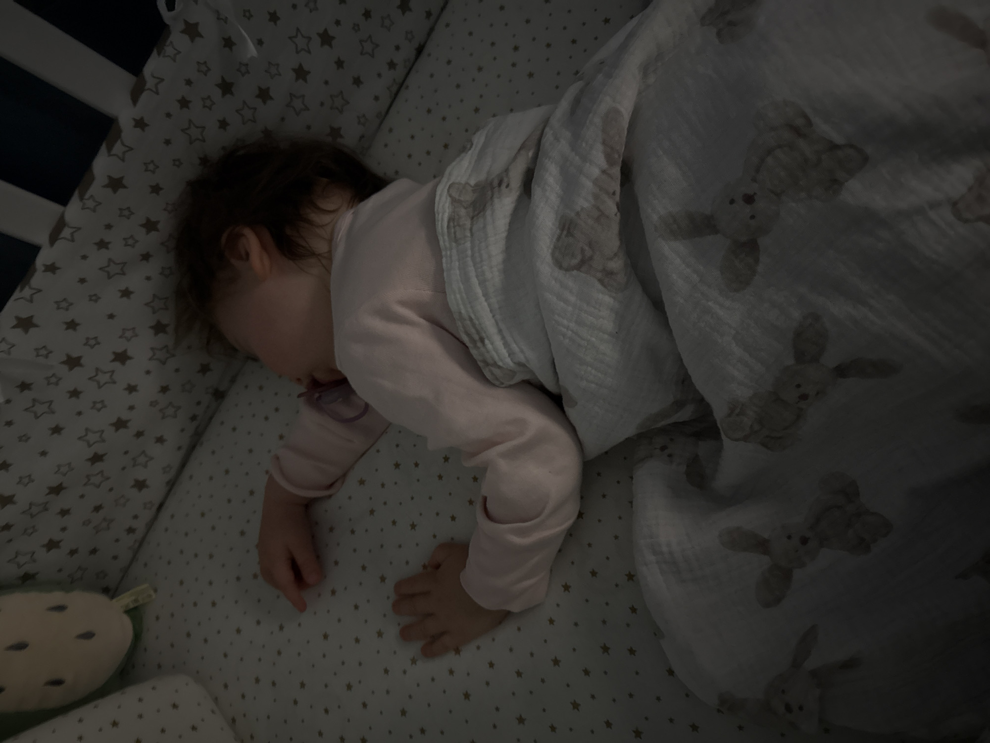 A child sleeps in a crib. The crib has a star pattern on the bedding. The child is covered with a blanket featuring a bunny pattern. A stuffed animal resembling a fruit is located near the child. The location appears to be indoors. There is no evidence of a location in Moscow, Russia.