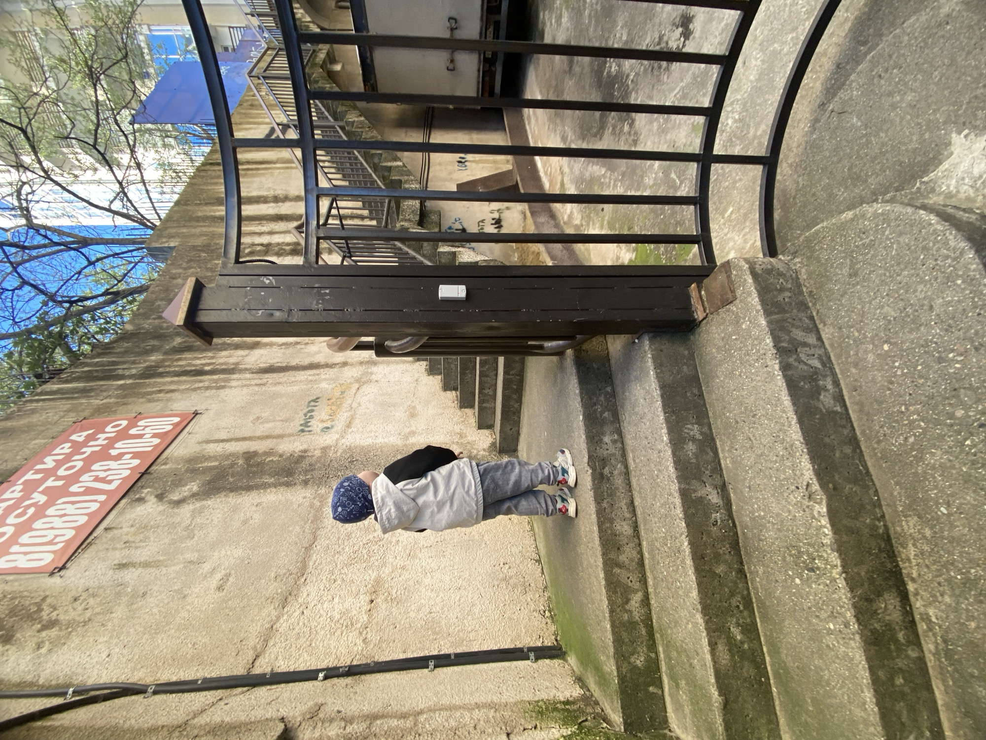 The image depicts an outdoor urban scene in Sochi, Russia, dominated by concrete structures and a metal gate. The main subject is a young child, viewed from behind, standing on a set of wide concrete steps.
The child is wearing a blue patterned beanie, a light gray hooded jacket over a black garment, gray trousers, and colorful athletic shoes. They are positioned near the bottom of a concrete staircase, which appears worn with some moss or dirt. To the right, a black metal gate or railing with vertical bars curves upwards, suggesting a path or another set of stairs beyond it.
On the left side of the frame, a large, rough concrete wall features a red and white rectangular sign. The Cyrillic text on the sign reads: "КВАРТИРА ПОСУТОЧНО 8(988) 238-10-60", which translates to "APARTMENT DAILY RENT" followed by a phone number. Below the sign, black cables or pipes are fastened to the wall. Some faint graffiti is also visible on the wall above and to the right of the sign.
The lighting indicates bright daylight, with distinct shadows suggesting a sunny day. Through tree branches visible in the upper background, patches of clear blue sky are seen. The overall setting appears to be a utilitarian area between buildings, possibly a back entrance or a pedestrian walkway.