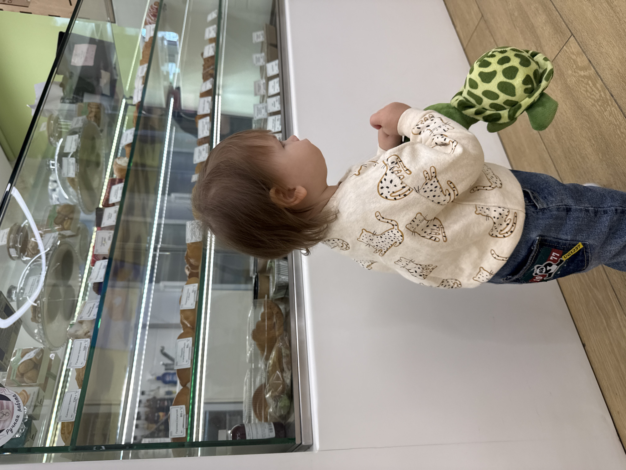 A small child is captured in a profile shot, looking intently into a well-lit glass display case filled with various baked goods. The child has light brown hair and is wearing a light-colored long-sleeve shirt adorned with brown and black leopard or cat patterns, and blue jeans. In their right hand, they hold a green plush turtle toy with darker green spots.
The scene appears to be inside a bakery or cafe in Moscow, Russia, given the visible Russian text on some labels. The child stands beside a white counter or wall, with the display case to their left (when oriented correctly). The case itself is made of clear glass, with shelves holding pastries, some individually wrapped, others on plates, all illuminated by vertical LED strips. Behind the display case, a light green wall or background is visible. The floor is covered with light wood or laminate planks.
Notable details include a colorful patch on the back pocket of the child's jeans, featuring what looks like a panda bear logo and the text "1977" and "UG1237". Inside the display case, several price tags and labels are visible. One circular label clearly states "Ручная работа" (Handmade work). Other labels display prices in rubles, such as "170 р." and "80 р.", and names of pastries like "Торт" (cake) or "Творожный" (cottage cheese).