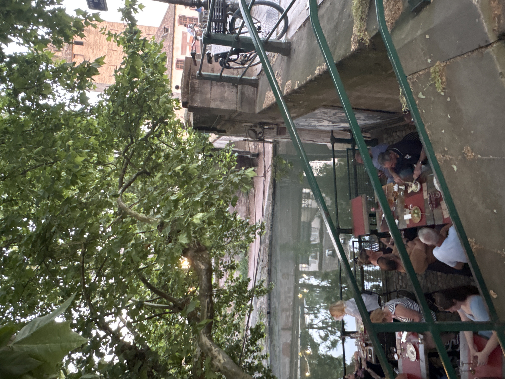 The image shows an outdoor dining scene in Strasbourg, France, situated along a canal. People are seated at tables, eating and socializing. Some are actively eating or pouring drinks. A tree with abundant green foliage is on the left side of the frame. A bicycle is visible, parked on a ledge above the dining area. A green metal railing runs diagonally across the right side of the image. Reflections of buildings can be seen in the water of the canal. Buildings are visible in the background, suggesting a European urban environment.