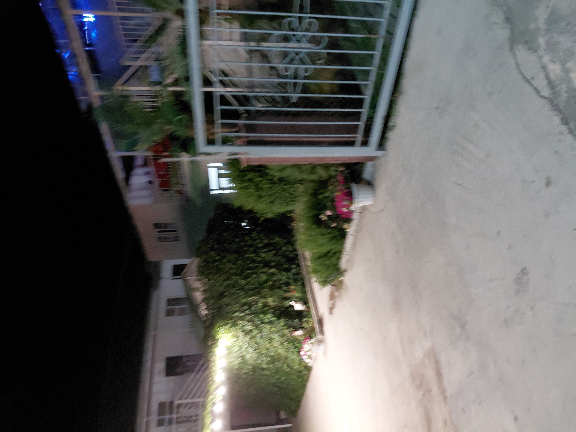 The image depicts an outdoor scene at night, likely in Ақши, Kazakhstan. The foreground features a paved walkway that extends into the distance. To the left of the walkway, a white building with multiple windows is visible, its facade illuminated by soft lights. There are balconies with white railings on the building. Adjacent to the building, a lush green hedge or dense foliage forms a natural barrier. In front of the hedge, a white flower pot contains vibrant pink flowers, adding a splash of color to the scene. A metal fence with horizontal bars, possibly part of a balcony or railing system, is prominent in the upper left section of the image. The overall ambiance suggests a peaceful evening setting. The time of day is clearly night, indicated by the darkness and artificial lighting. The weather appears calm. No people are visible in the image, and there is no visible text.