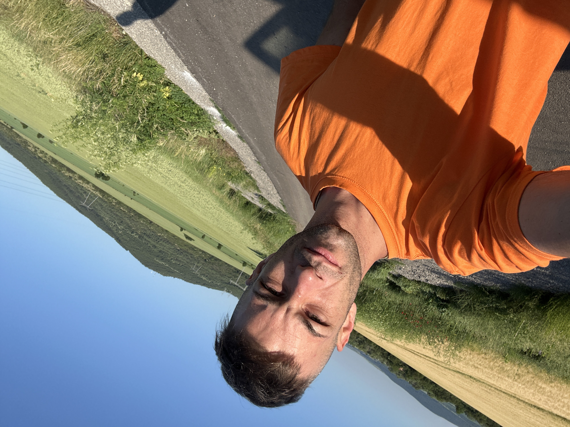 A man, seen from the chest up, takes a selfie outdoors on a sunny day. He has short, dark hair and is wearing an orange t-shirt. He is standing on a paved surface next to a grassy area with fields and hills in the background. The image is taken at an angle, and the man's shadow is visible on the pavement. The location is the village of Dolna Dikanya, Bulgaria.