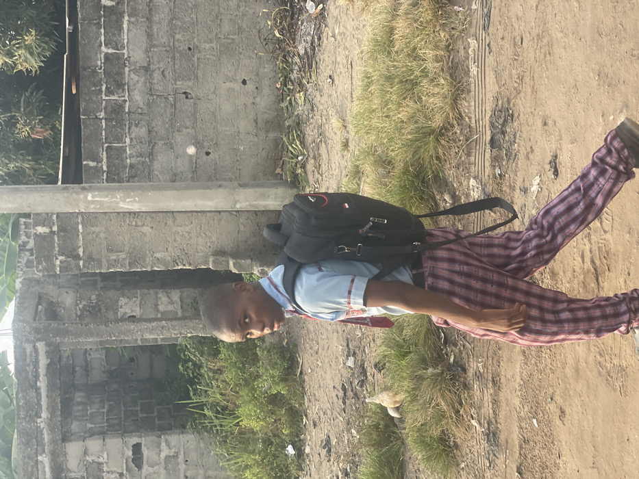 A young Black male, approximately 10-14 years old, walks from right to left on an unpaved street in Mosafejaw, Nigeria. He wears a light blue short-sleeved collared shirt with red and white trim, a red and white striped tie, and red and white plaid trousers. A black backpack with red accents is worn on his back. He looks back over his right shoulder towards the viewer with an open-mouthed expression.
The immediate ground is a dirt path with patches of dry grass. To the boy's left, a light-colored chicken is partially visible foraging in the grass. In the background, a weathered grey concrete block wall stretches across the frame. This wall features two vertical openings, suggesting a dilapidated gateway or incomplete structure. Green overgrown vegetation is visible behind and above the wall. To the right, a grey utility pole stands vertically. The wall shows multiple small circular indentations. Scattered debris and refuse are present on the dirt ground. The scene is brightly illuminated by daylight.