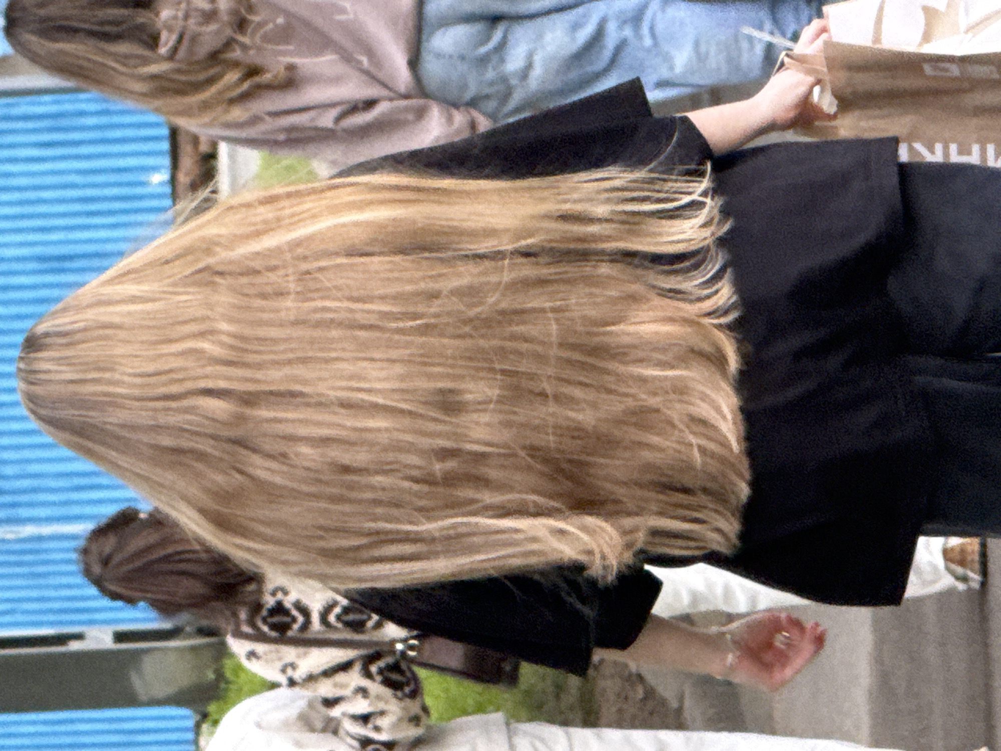 The image shows the back of two women from the chest up, positioned in an outdoor setting, likely in Moscow, Russia. The woman in the foreground has long, light blonde hair that cascades down her back. She is wearing a black garment. Her hand is visible, with a ring on one finger, extended slightly to her right. The woman in the background is partially visible, wearing a light-colored top and blue jeans. A brown paper bag with visible white text is held by someone, possibly one of the women, on the right side of the image. The background consists of a blue, slatted surface and a hint of greenery. The lighting suggests it is daytime. The overall impression is casual, possibly a shopping trip or a moment of rest outdoors.