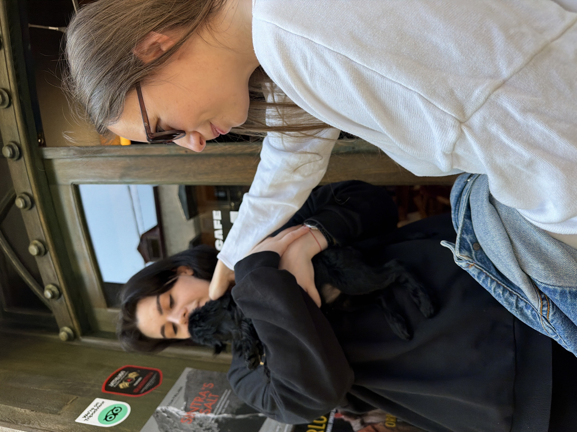 The image captures two young women interacting in what appears to be a cafe or a similar establishment, with a robust, possibly industrial-style structure forming the left side of the frame. The scene is lit by natural light, suggesting it is daytime.
In the foreground, a woman with long brown hair and glasses, wearing a white long-sleeved top and blue jeans, leans over, looking down. Her hands are extended towards the other woman. On her left wrist, a thin red string bracelet is visible.
In the background, a second woman with dark hair, wearing a black long-sleeved top, looks up towards the first woman. She appears to be holding a small, fluffy black dog or a plush toy, which the foreground woman seems to be engaging with. Their interaction suggests a moment of tenderness or playfulness.
The setting includes a sturdy structure with large bolts on the left, possibly a beam or part of the building's support. Below the women, there's a surface with various items, including what looks like books or magazines. Several stickers are affixed to this surface: a prominent green "We're on Tripadvisor" sticker with an owl logo, and a red and black sticker with indistinct text. Part of a title, "SANTRA'S SALT" (or similar), is visible on a book or poster. The word "CAFE" is also faintly reflected in a glass surface behind the women, further indicating the location type. The overall mood is intimate and focused on the interaction between the two individuals and the small animal.