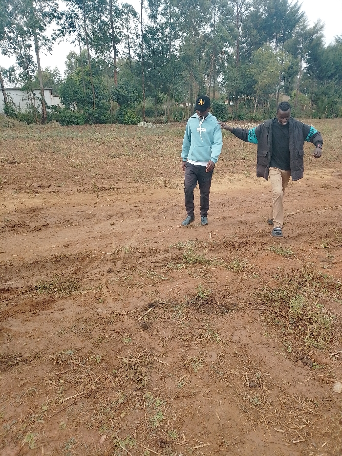 Two men are walking on a dirt road. The man on the left is wearing a light blue hooded sweatshirt, black pants, and a black baseball cap with a gold emblem. The man on the right is wearing a black jacket, a black t-shirt, and khaki pants. The men are in a rural area, and the ground is dry and dusty with tire tracks and patches of grass. There are trees in the background. The image was taken in Lwandeti, Kenya. The coordinates of the location are latitude: 0.554, longitude: 34.806.