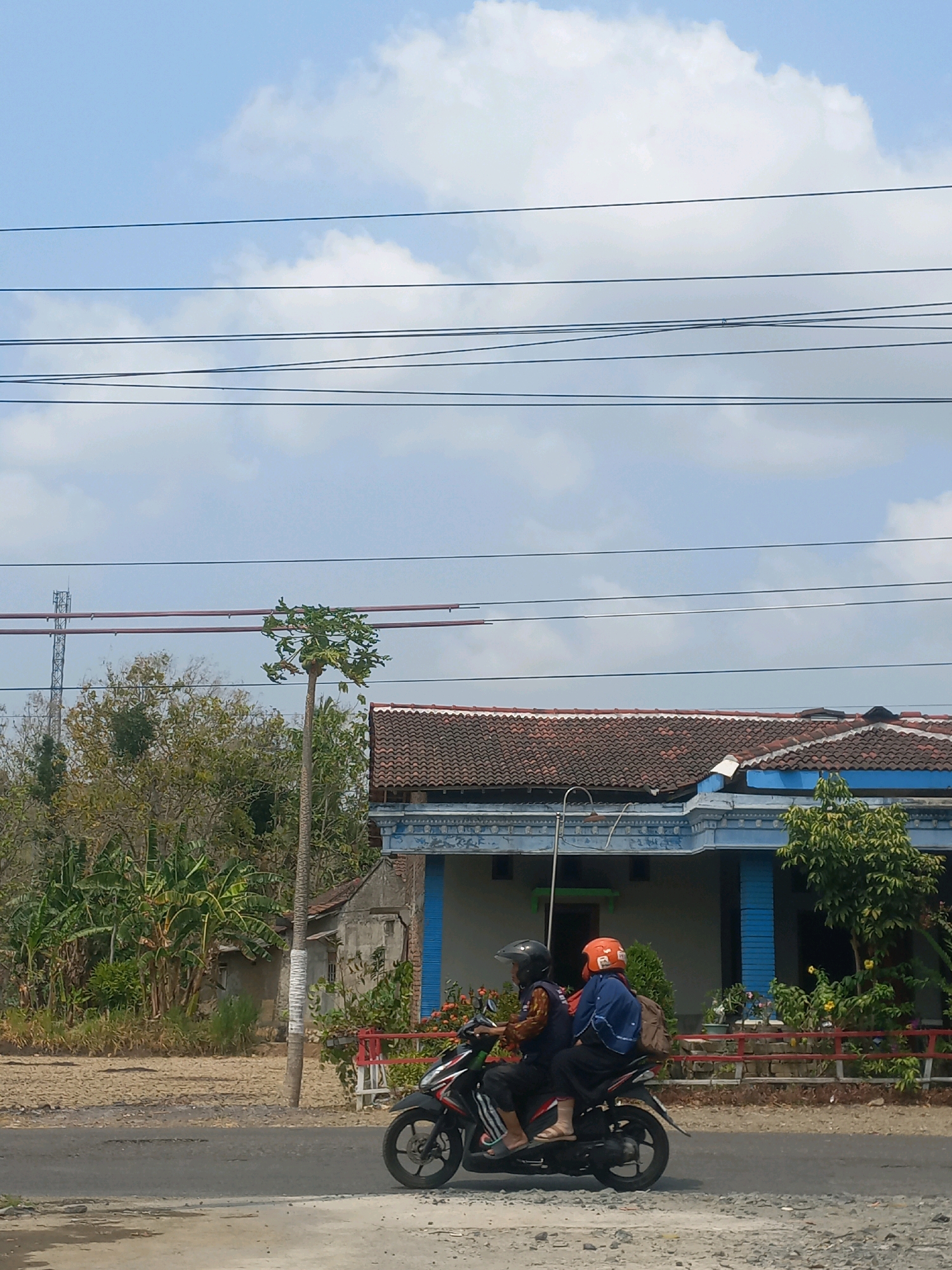 The image depicts a street scene in Baturetno, Indonesia, under a partly cloudy sky. Two individuals are riding a black motorcycle on an asphalt road. The person in the front is wearing a black helmet and a patterned long-sleeved shirt, while the person in the back wears an orange helmet, a blue top, and dark pants. They are both seated, with the rider's feet on the footpegs and the passenger's feet resting on the passenger footpegs. The motorcycle is in motion, moving from left to right.
In the background, a low-slung building with a tiled roof and blue trim is visible. Adjacent to this building is a more rustic structure. A tall, slender tree with sparse foliage stands near the center of the frame. To the left of the tree, a telecommunications tower is visible in the distance. The environment appears to be a rural or semi-urban area, with vegetation, including banana trees, surrounding the buildings. Several power lines are strung across the sky, passing over the scene. The ground is a mix of asphalt and gravel.