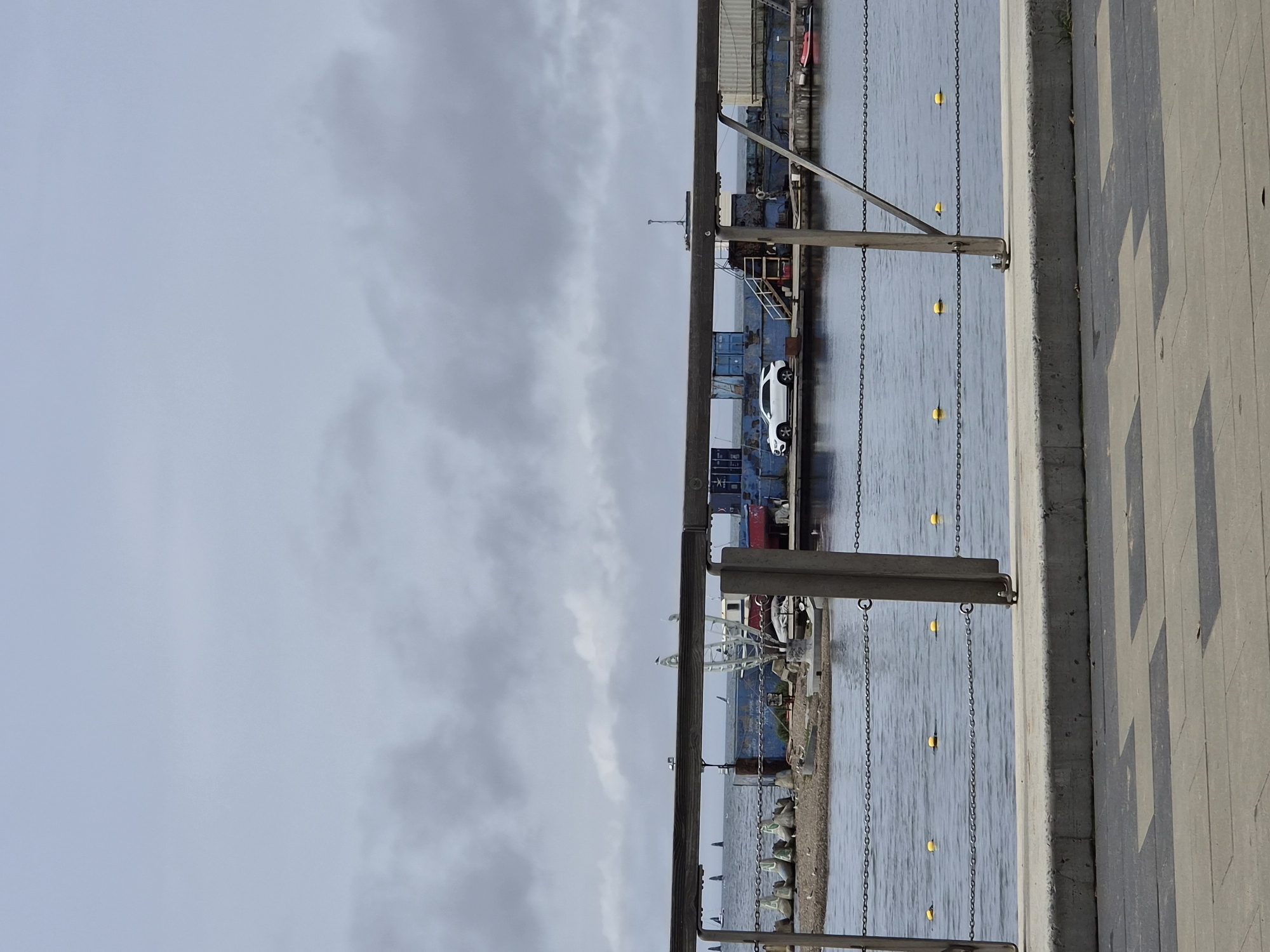 The image depicts a view of a waterfront area in Vladivostok, Russia, under an overcast sky. In the foreground, a concrete promenade with a patterned walkway is visible, bordered by a metallic railing. Beyond the railing, a calm body of water is present, marked by a chain barrier and several yellow buoys. In the middle ground, a small, sandy island is situated, with a collection of white, sack-like objects and some birds on it. Further back, a larger, blue barge or platform is moored, carrying shipping containers and a white vehicle, possibly a car. A red boat is docked on the right side of the barge. In the distance, several sailboats are visible on the water. The overall scene suggests a functional port or marina environment.