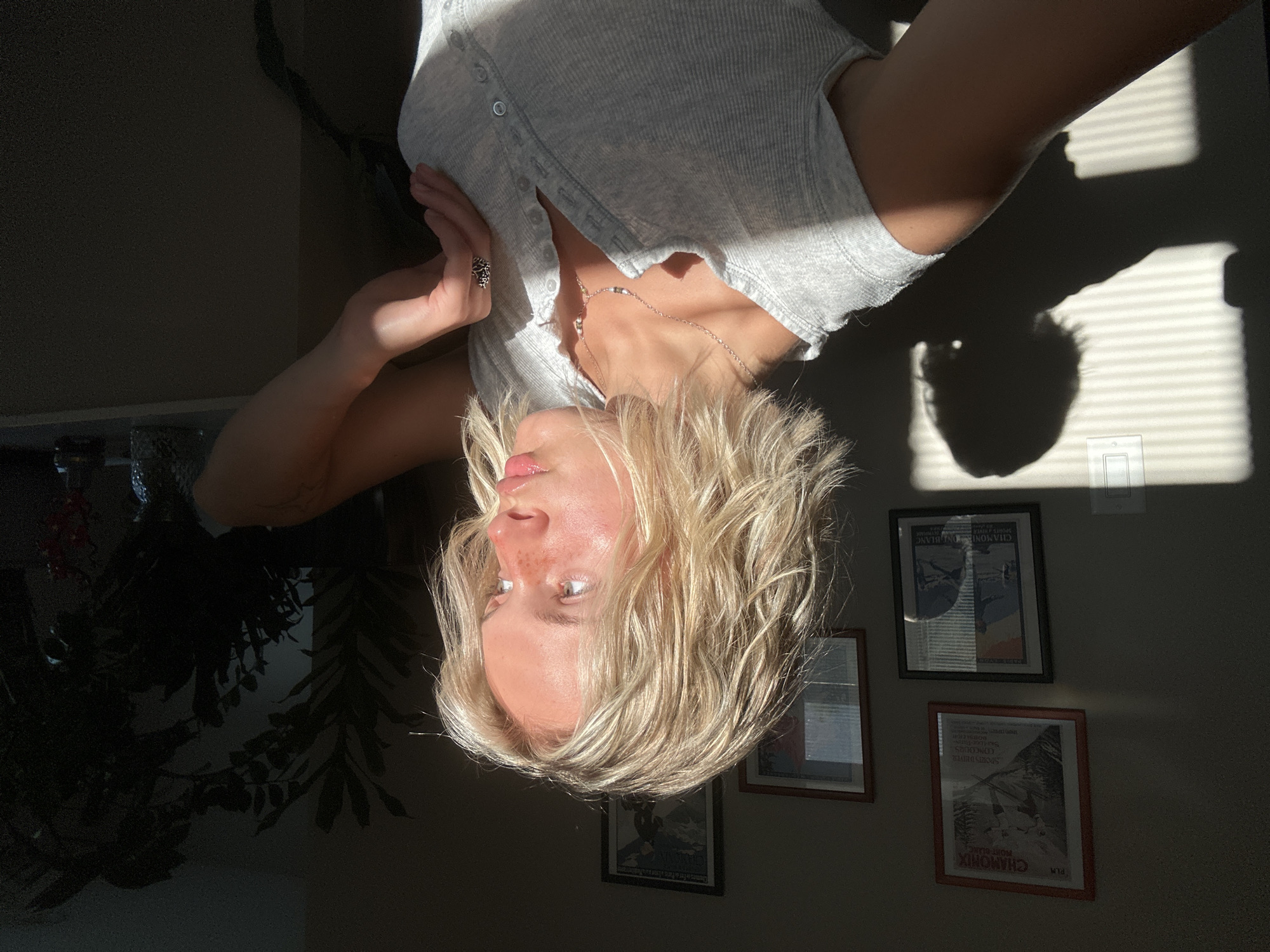 A young person with blonde, wavy, shoulder-length hair, wearing a grey henley shirt, is positioned in the foreground, looking to the right. Their face is illuminated by warm, directional light casting shadows and highlights. A necklace with a pendant and a ring are visible on their person. Behind them, a wall displays three framed vintage ski posters, two depicting Chamonix, France. To the right, houseplants are visible in the dim background. A shadow of the person is cast on a wall with horizontal blinds on the left side of the image. The scene is lit by strong natural light, suggesting a window or a sunbeam.