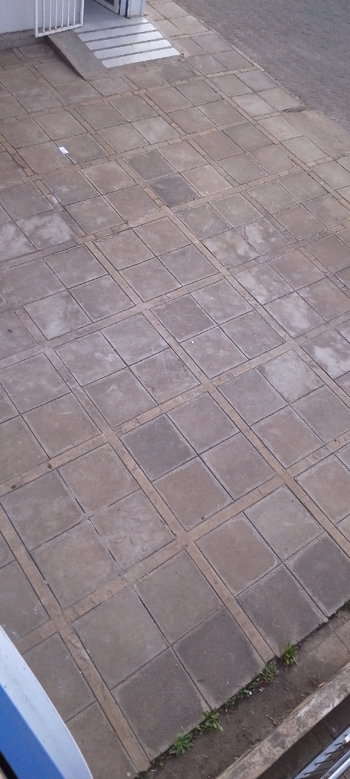 The scene depicts an outdoor paved area in Ngong ward, Kenya, viewed from an elevated perspective. The primary surface consists of numerous square, light grey concrete pavers arranged in a grid, separated by narrower, lighter-colored concrete strips that create a distinct pattern. Minor wear and discoloration are visible on some pavers.
In the upper-left quadrant, a white metal gate or railing, partially open, is visible, leading to an entrance. Below this, a concrete accessibility ramp descends, bordered by a section of light-colored horizontal strips, possibly steps or a striped pathway. The wall behind this entrance is light-colored.
Towards the upper-right, the paved area transitions into a section of darker, smaller, rectangular bricks laid in a herringbone pattern. The bottom-right edge of the main paved area borders a strip of bare earth with sparse green vegetation, specifically small plants resembling weeds. A concrete curb or edge is present along this boundary. The lower-left foreground shows a partial view of a blue and white object, possibly a vehicle part or another railing. A small, white, rectangular piece of debris is located on one of the central pavers. No individuals, discernible actions, or interactions are present in the frame. The lighting is even, suggesting an overcast condition.