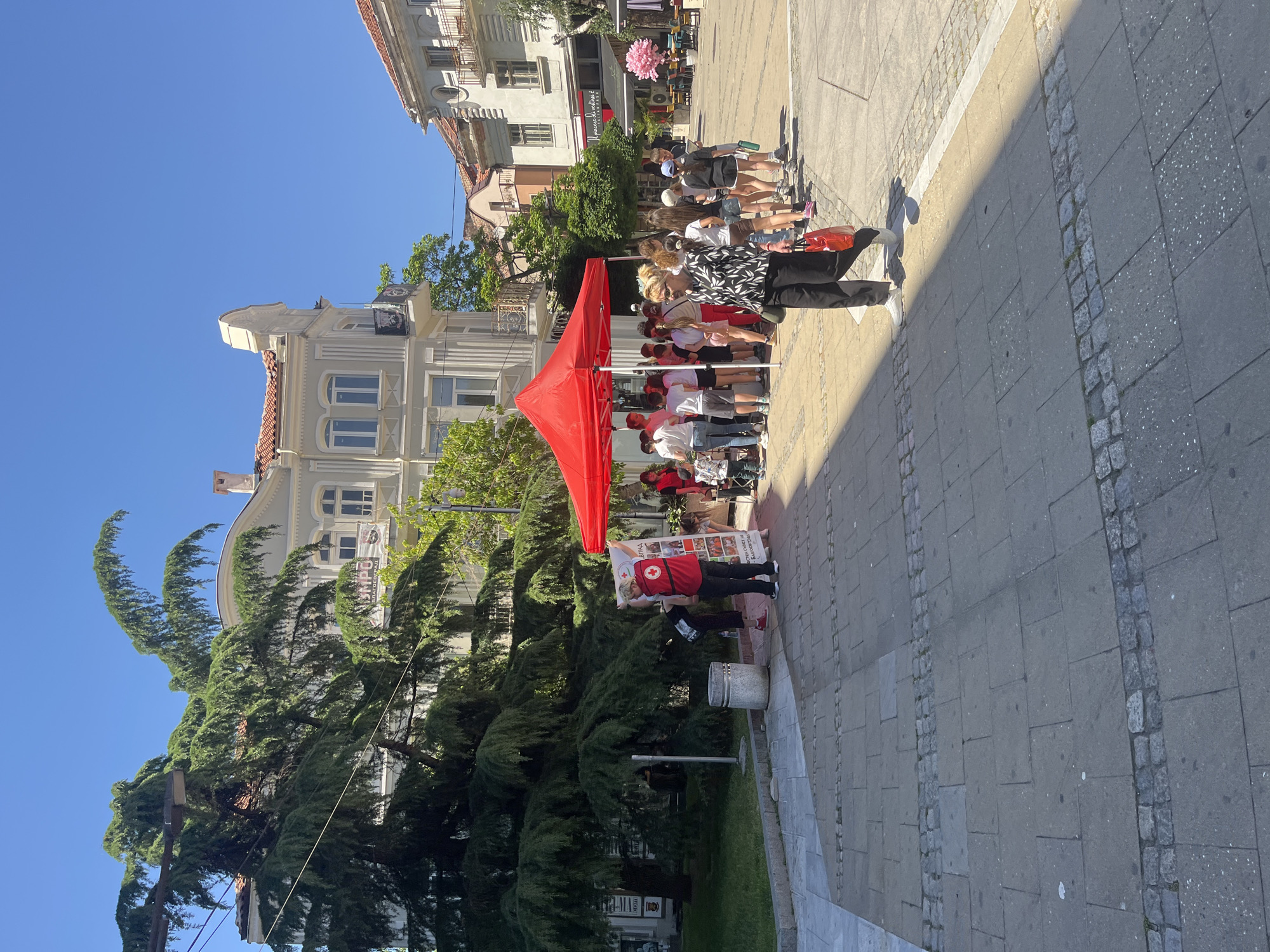 A sunny daytime view looking up a street, in what is probably the city of Blagoevgrad, Bulgaria. A line of people is standing perpendicular to the street and appears to be waiting in line. A red canopy is present near the front of the line. One person, wearing a red shirt with a red cross, is holding a poster and standing away from the line near a trash can. A large tree, along with lawn and vegetation, is present on the left. Buildings line both sides of the street. The street is paved with rectangular gray stones. A shadow cuts across the right side of the street.