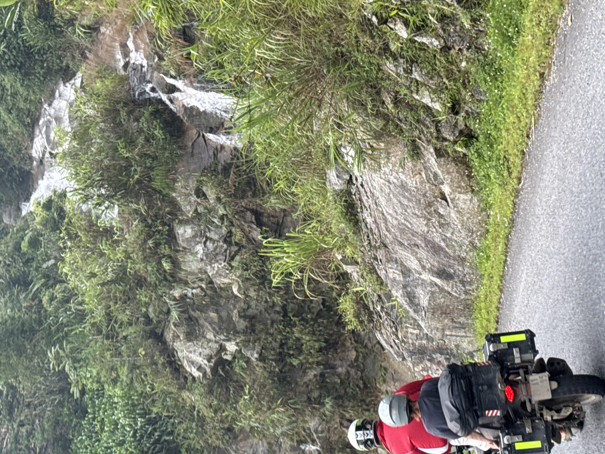 The image captures a scenic moment in Tân Quang Commune, Vietnam, featuring two individuals on a motorcycle stopped beside a winding asphalt road, observing a lush mountain landscape. The motorcycle, an adventure-style model, is equipped with black saddlebags or panniers on either side, which have bright yellow reflective strips. A red taillight is visible at the rear.
Two people are seated on the motorcycle. The rider wears a bright red jacket and a light grey helmet, while the passenger behind them is dressed in a dark grey or black jacket and a dark helmet, with a backpack visible between them. Both appear to be looking towards the left side of the frame, indicating they are taking in the view.
To the left of the road, a steep, rocky mountainside dominates the scene. It is densely covered with various shades of green vegetation, including tall grasses, bushes, and ferns, thriving on the rock faces. A prominent white waterfall cascades down the mountain in several sections, creating a dynamic visual element against the dark, wet rocks and vibrant greenery. The lighting suggests it is daytime, with soft, diffused light, possibly indicating an overcast sky, as there are no harsh shadows. The scene conveys a sense of a journey through a rich natural environment. No legible text is visible in the image.