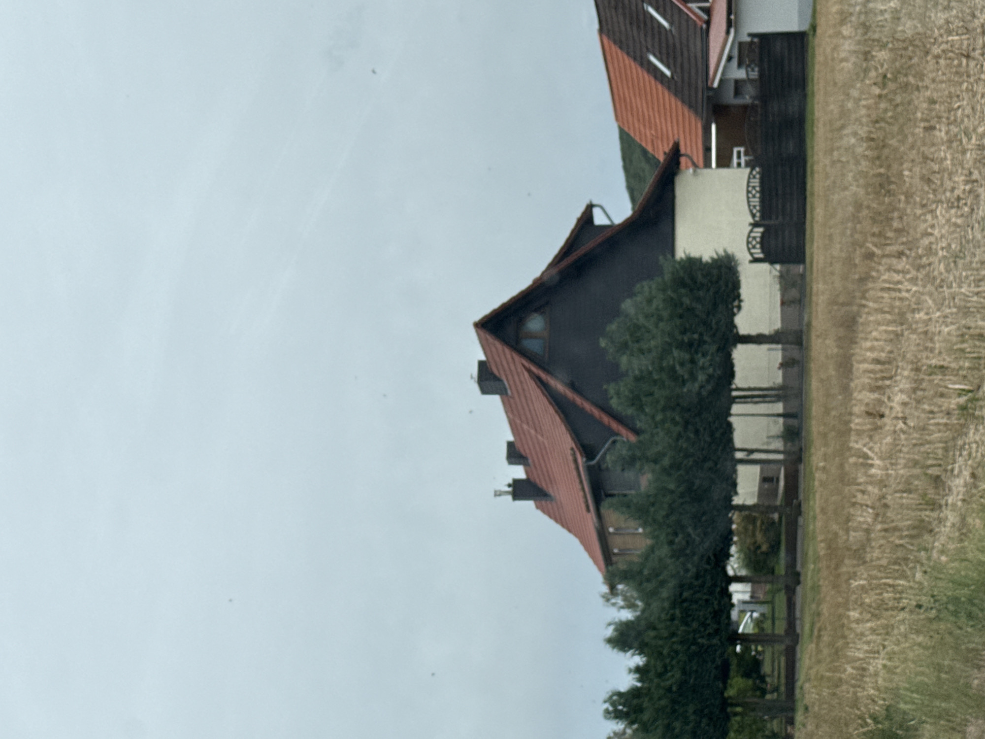 This image captures a view of residential buildings and a field in Ellrich, Germany. The foreground features a dry, harvested field with stubble. Behind the field, a row of evenly spaced, pruned trees stands. Beyond the trees, several houses are visible. The largest house, centrally located, has a dark upper story, a lighter lower story, and a red tiled roof with prominent chimneys. To the right, another house with a red tiled roof is partially visible. A dark, ornamental fence runs along the property line in front of the houses. The sky is overcast and light blue.