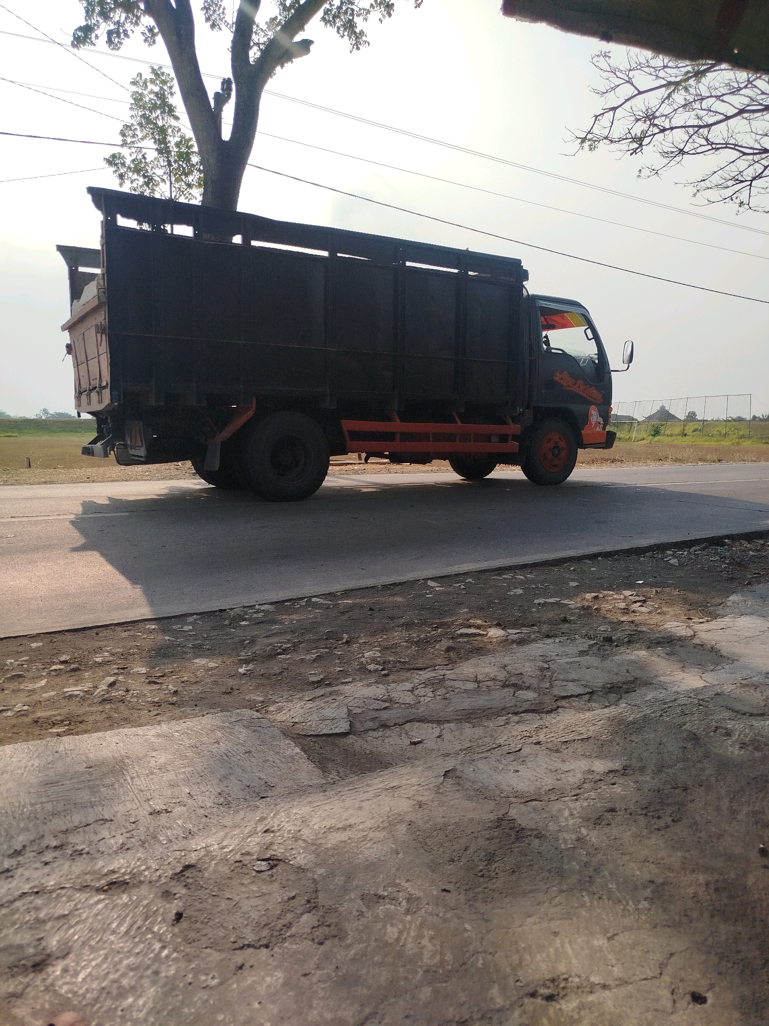 An outdoor, low-angle, full shot shows a dark-colored truck parked on a paved road in Ngreco, Indonesia. The truck is positioned with its side facing the viewer, with the front to the right. The truck has a large, dark cargo bed and a black cab with orange accents. The wheels appear to be large and black with orange rims. A large tree with a thick trunk and branches partially obstructs the view of the sky and hangs over the truck from the left side of the frame. The road is gray and shows signs of wear and tear, with a patch of rough, textured ground to the left. In the background, there is a field of dry grass, a fence, and some distant structures. The sky is bright and hazy, suggesting it might be late afternoon or early morning. There are electrical wires visible across the top of the frame. The overall lighting suggests a sunny day with strong shadows cast by the truck and the tree.
