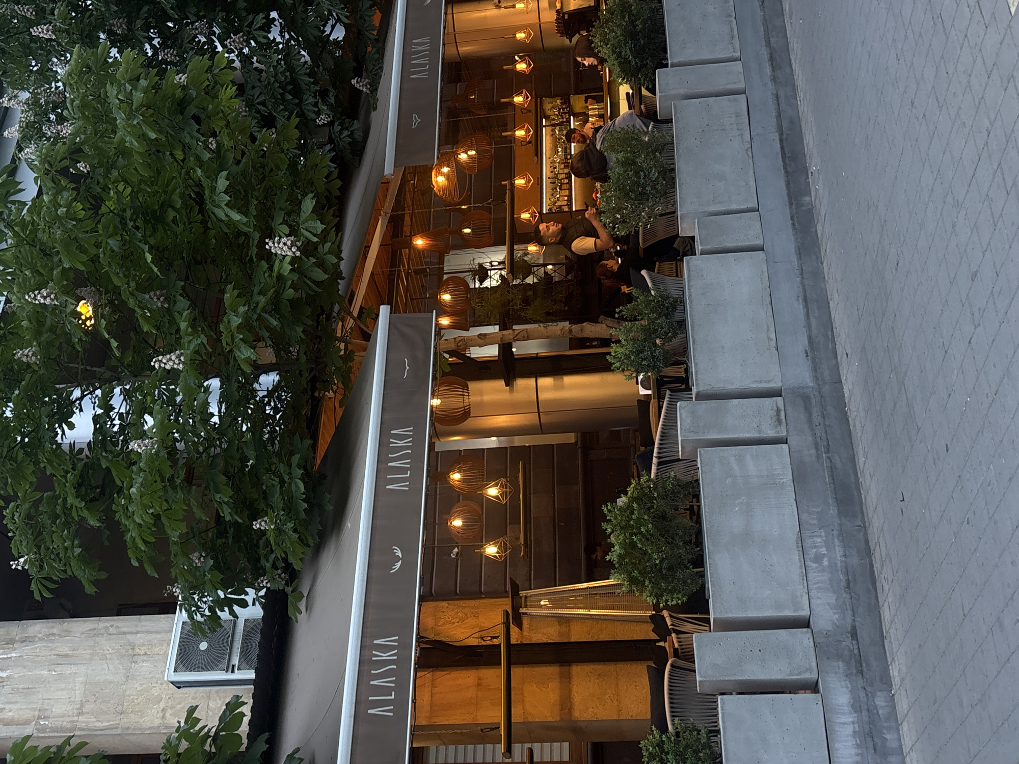 The image shows an outdoor seating area of a restaurant called "ALASKA" in Yerevan, Armenia. The restaurant has a gray awning with the restaurant's name printed on it. A tree with flowers is visible near the restaurant. The outdoor seating area features tables and chairs with patrons. There are decorative hanging lights and potted plants. The restaurant is bordered by concrete structures and a paved walkway. There are people sitting at the tables. The lighting suggests it is evening or dusk. An air conditioning unit is visible on the building.