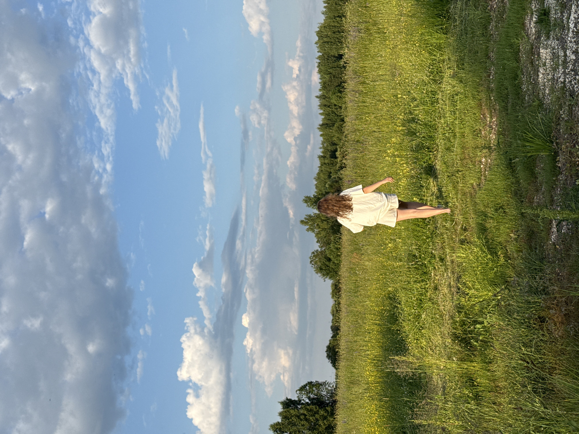 A young woman with curly brown hair, wearing a white t-shirt and white shorts, walks away from the camera through a tall, green grassy field. The field is dotted with small yellow wildflowers. In the background, a dense line of green trees forms the horizon. Above the trees, a bright blue sky is filled with fluffy white and gray clouds. The scene appears to be set in a rural area, possibly near the village of Koloksha, Russia, given the natural landscape. The lighting suggests it is late afternoon or early evening, with the sun casting long shadows on the grass.