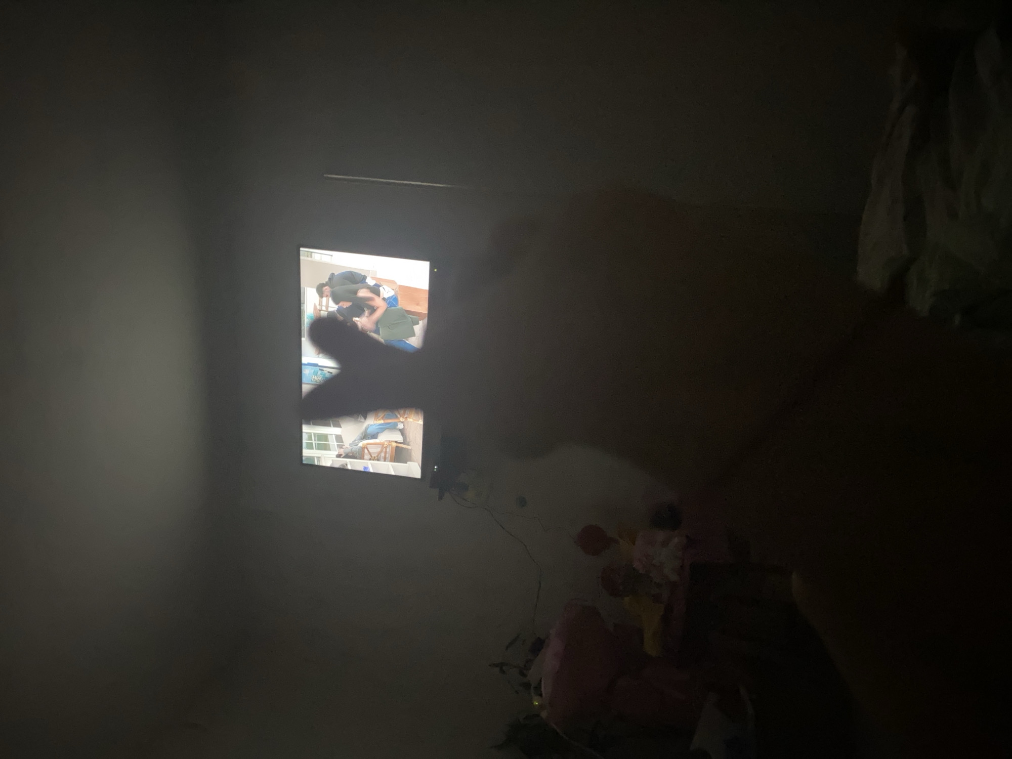 The image depicts a dimly lit indoor scene, likely a bedroom. A television screen in the upper right quadrant is displaying a scene with multiple individuals. In the foreground, a blurred silhouette of a hand is visible, positioned in a way that suggests it's either making a gesture or interacting with the television's light. To the left of the television, a table or shelf is laden with various objects, including what appear to be stuffed animals and decorative items. The lighting suggests it is nighttime or the room is otherwise dark, with the television being a primary light source. There is no indication of the location being in Blagoevgrad, Bulgaria.