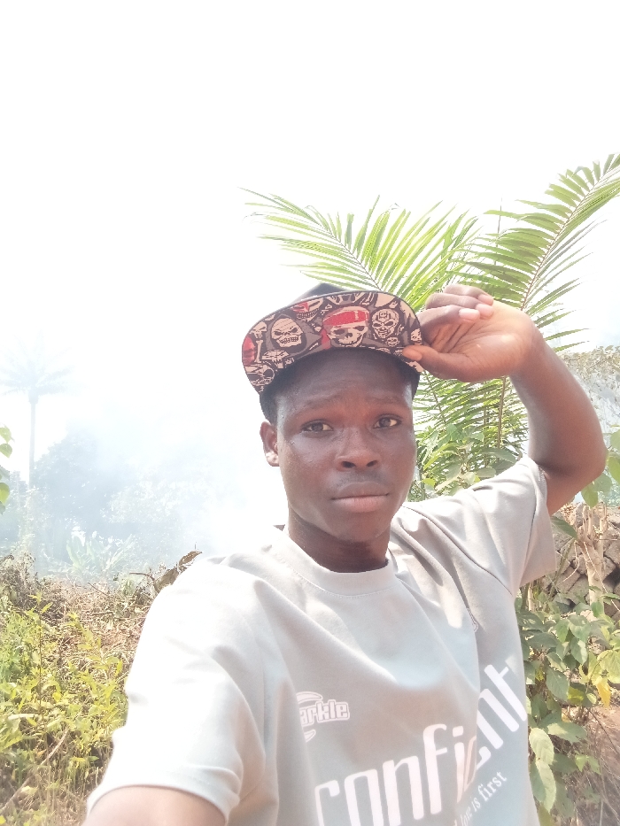 A young adult male, of dark complexion and short dark hair, is depicted in a close-up, chest-up outdoor shot in Eziudo, Nigeria. He wears a light grey crew-neck t-shirt with partial text "Sparkle" and "confident" visible, and a black baseball cap patterned with multiple stylized skulls, some featuring red bandanas, worn backward. His right hand is raised, gripping the brim of the cap on the right side of his head. He gazes directly forward with a neutral expression. The background consists of an overexposed bright white sky, dense green vegetation, including prominent palm fronds behind his head, and the silhouette of a distant palm tree on the far left. A distinct plume of white smoke or haze is visible in the mid-ground to the left of the subject, partially obscuring vegetation. The immediate ground appears to be an unpaved area with sparse dry and green plant growth.