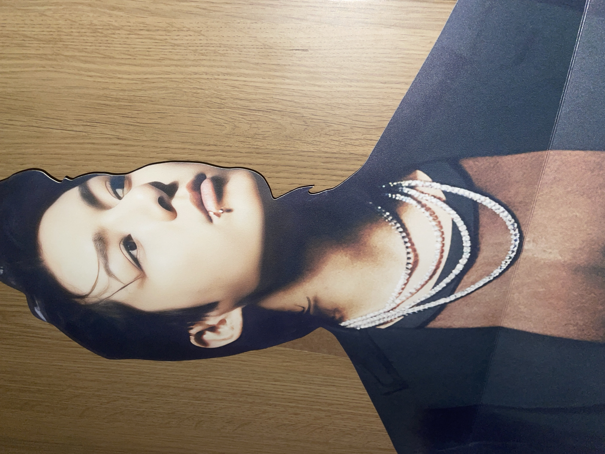 The media file features a large, portrait-style cut-out of a person, positioned on a light-colored wooden surface. The cut-out is rotated 90 degrees clockwise, with the person's head on the left side of the frame and the body extending to the right.
The subject is an individual with fair skin and dark hair, depicted with their head tilted slightly back and looking upwards and to the side. Their expression appears serene or pensive. A small, metallic lip piercing is visible on their lower lip, which is slightly parted. Multiple strands of shimmering, pearl-like or beaded necklaces are layered around their neck. The cut-out extends to include part of their upper body, which is clothed in dark fabric.
The lighting creates distinct shadows on the person's face and neck, highlighting their features. The background is a light brown wooden surface with a clear grain pattern. The edges of the cut-out are precisely defined, indicating a professionally produced print or standee. Some minor creases are visible in the darker printed areas of the cut-out. There is no visible text in the image. No specific visual cues within the image itself indicate the stated location of Saint Petersburg, Russia.