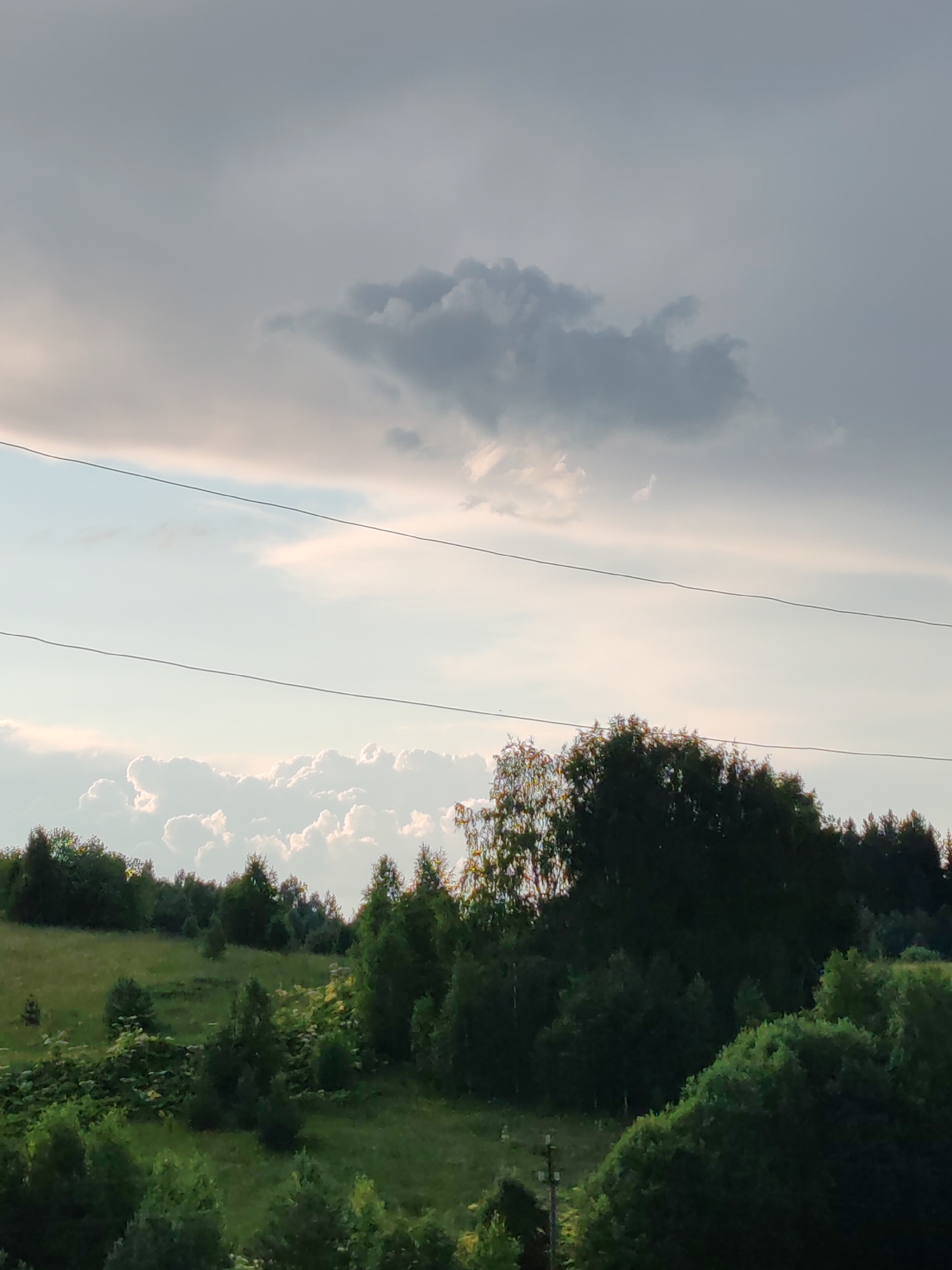 The image depicts a rural landscape under a cloudy sky. A gently rolling green hill is covered with various trees and vegetation, with some lighter-colored patches of plants, possibly flowers, scattered across it. In the foreground, dense green trees dominate, with a single thin pole visible on the right. Two parallel power lines stretch across the middle section of the sky, which is partly overcast with both grey and lighter, whiter clouds. A dark, amorphous cloud formation is prominent in the upper portion of the sky. The scene suggests an outdoor setting in the countryside, possibly during late afternoon or evening, given the lighting conditions. The location is identified as Чухлэм, Russia. There are no people or animals visible in the image, and no specific actions are taking place.