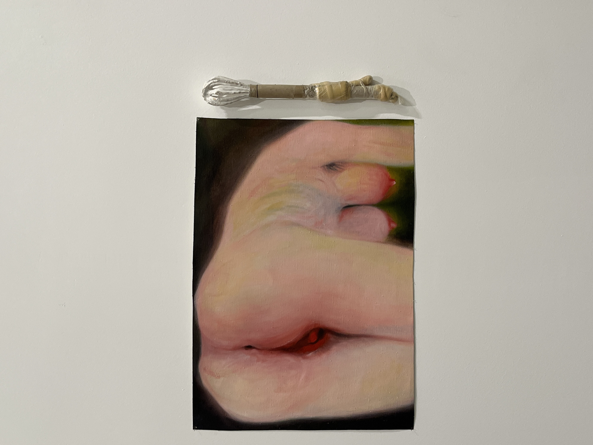 A photograph shows a painting and an object hanging on a white wall. The painting, rectangular in shape and oriented vertically, features a close-up, surreal depiction of fleshy forms resembling human features, possibly breasts and a mouth. The color palette is dominated by pinks, reds, and subtle greens, with black areas framing the composition. Above the painting, an object composed of a metal whisk with a wrapped and taped handle is affixed to the wall. The scene is likely indoors, considering the plain background. While the image contains art installations, without additional context, the location within the city of Metz, France, cannot be determined.