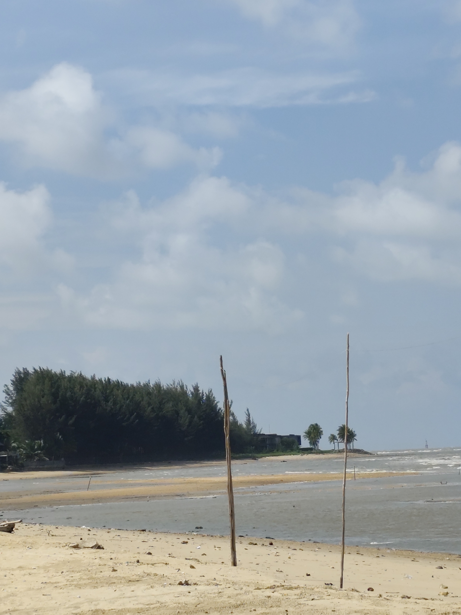 The image depicts a beach scene under a cloudy sky. In the foreground, a sandy beach is visible with some scattered debris. Two wooden poles stand vertically on the sand. In the middle ground, a body of water, likely the sea, stretches across the frame, with ripples on its surface. Further back, a line of dense green trees forms the background, with a few palm trees and a building visible amidst them on a slight elevation. The horizon is marked by the sea meeting the sky, with a distant structure resembling a buoy or a small boat visible on the water.