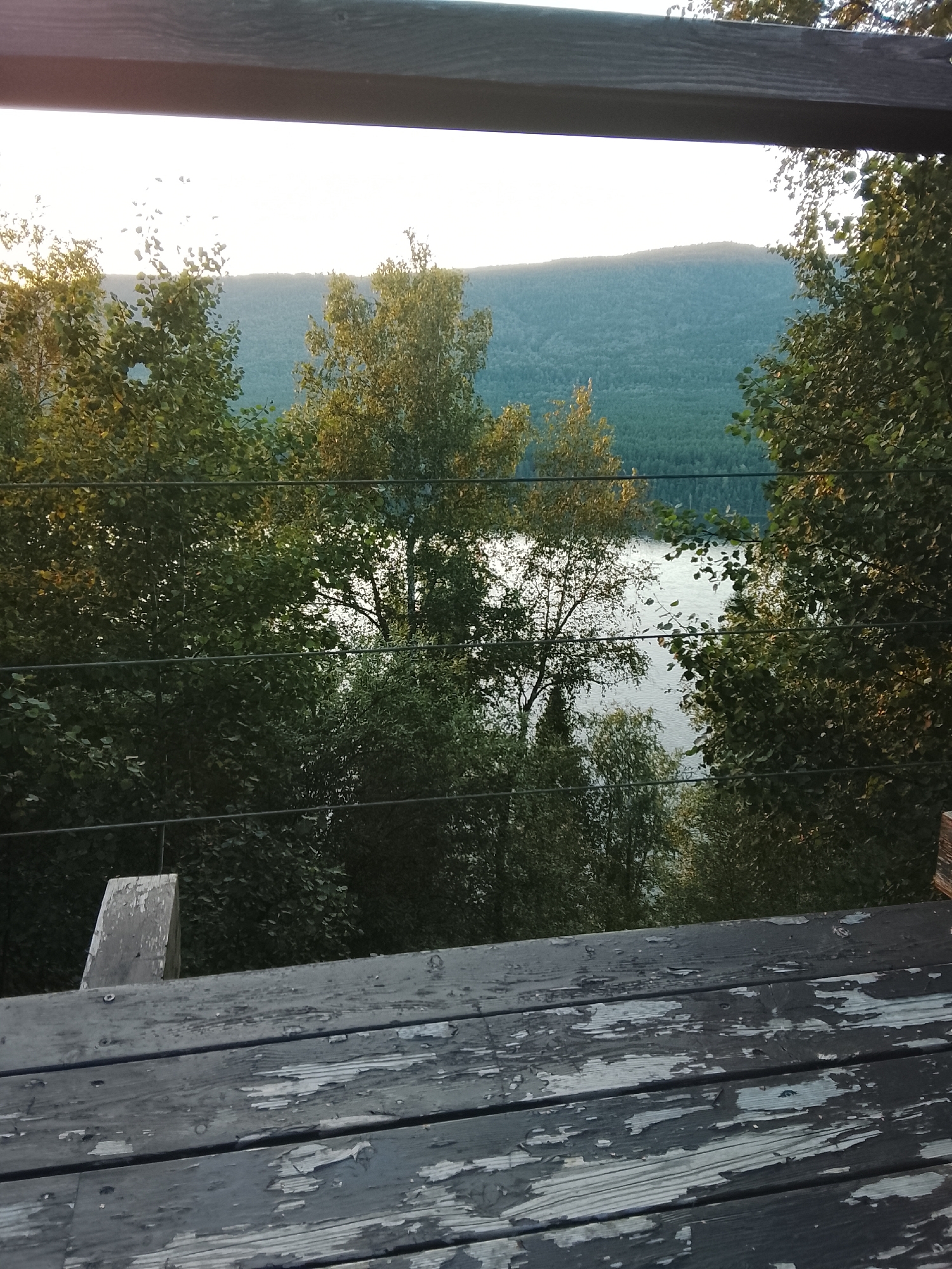 The image depicts a natural landscape scene, likely a view from a balcony or deck overlooking a body of water and a forested hillside. In the foreground, weathered wooden planks form a surface, exhibiting chipped paint and wear. A dark wooden railing runs along the top edge of the frame. Beyond the foreground, a series of horizontal wires are visible, possibly part of a fence or railing system.
The middle ground is dominated by lush green trees with some autumnal foliage, framing a glimpse of a calm body of water. The water reflects the bright, possibly overcast sky. In the background, a large, tree-covered mountain or hillside recedes into the distance, bathed in soft, diffused light. The sky above is a pale, bright white, suggesting either dawn, dusk, or an overcast day.
The scene appears to be in a natural setting, possibly a rural area or a scenic viewpoint. No people or specific man-made structures, other than the foreground deck and wires, are clearly discernible. The overall mood is peaceful and serene, with an emphasis on the natural beauty of the landscape.
The query about the location in the city of Ust'-Mana, Russia, cannot be verified or denied based solely on the visual information provided in the image. The image itself does not contain any explicit geographical markers or distinctive features that would definitively place it in that specific location.