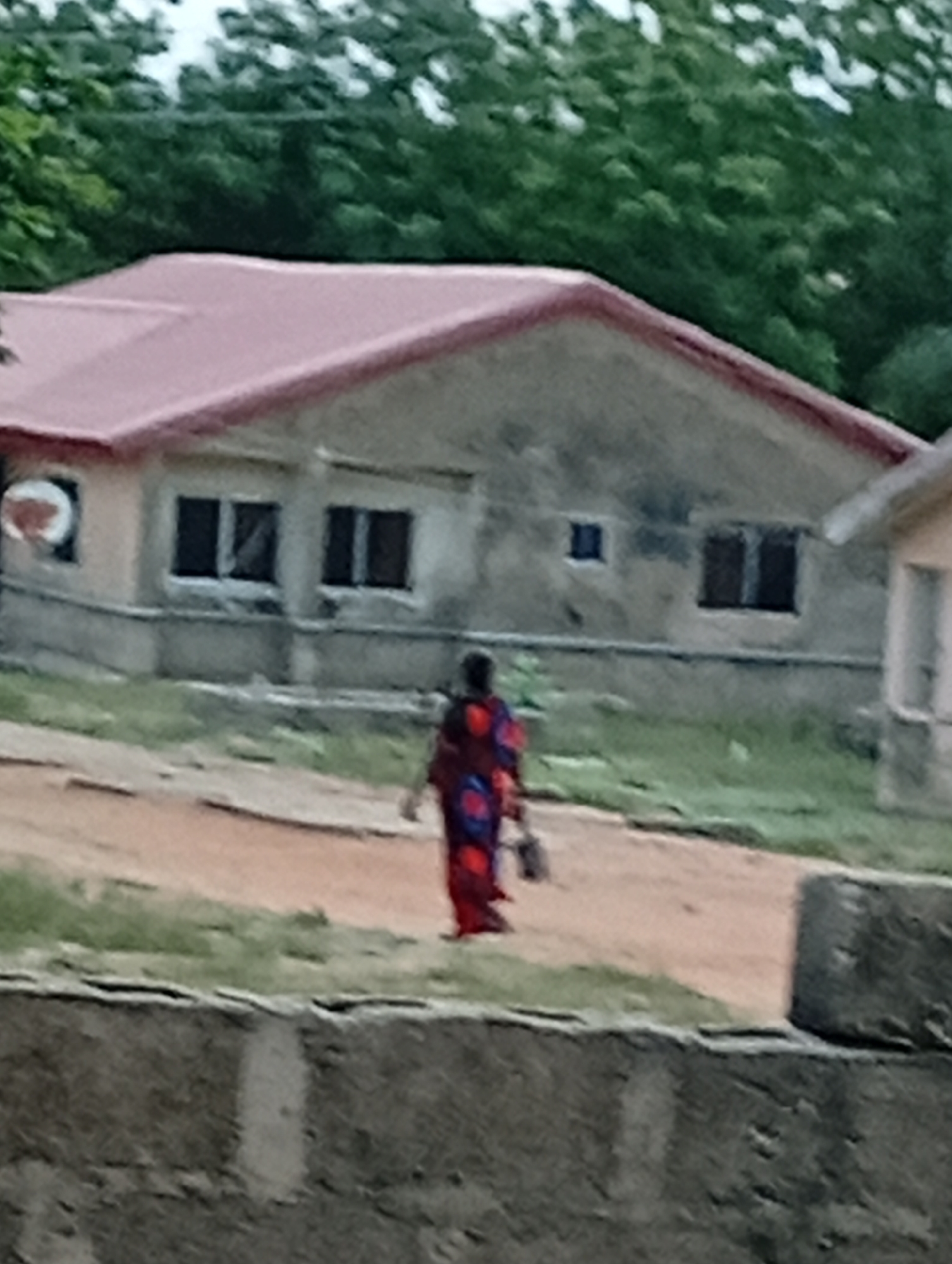 The image depicts a residential scene in Adankolo, Nigeria. In the foreground is a low concrete wall. Behind the wall is a dirt road, and further back, a woman in a red and blue patterned dress walks along the road. She is carrying something in her right hand. The backdrop features a one-story concrete building with a reddish-pink roof and several windows. In the distance, there are green trees.