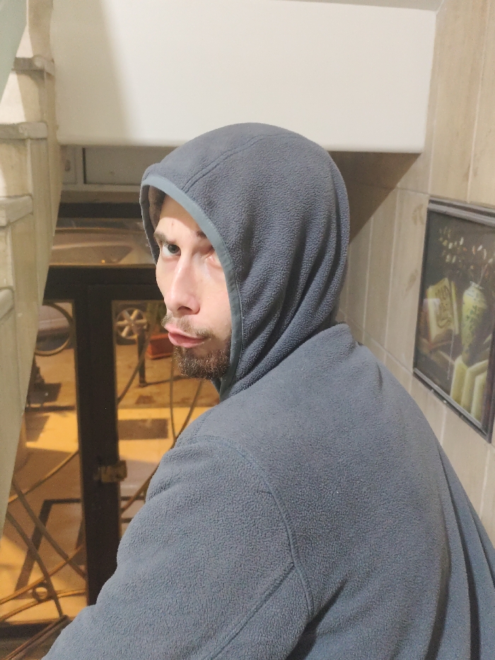 A person wearing a gray hooded fleece jacket looks over their shoulder. The person is positioned in front of a doorway leading outside, with a vehicle visible through the glass. A staircase is to the left and a framed piece of art hangs on the tiled wall to the right. The overall lighting is warm.