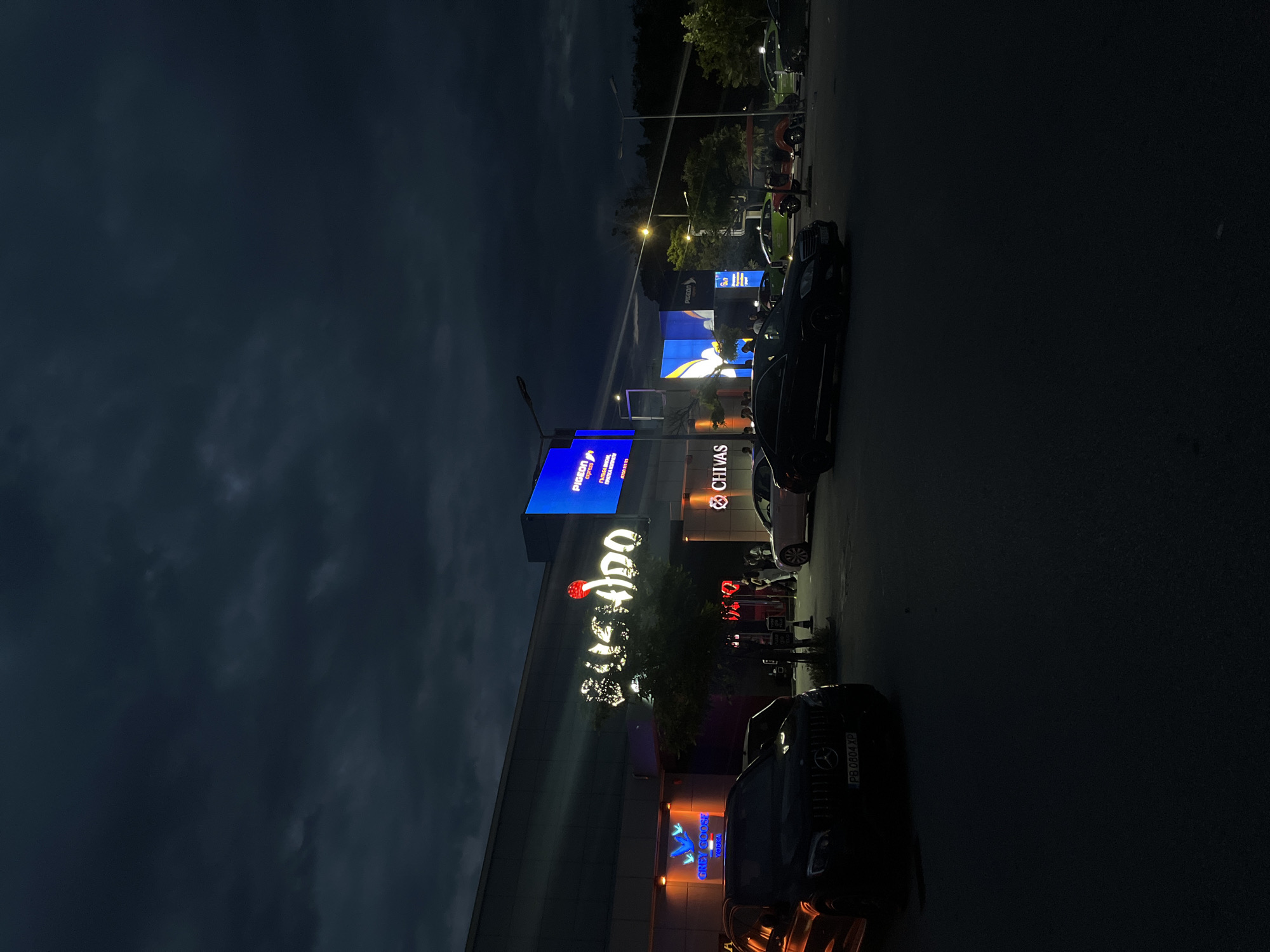 At night, the image depicts a brightly illuminated building complex in Plovdiv, Bulgaria. Various illuminated signs are visible, including "Pigeon Express," "Casino," "Chivas," and "Grey Goose Vodka." Cars are parked along the street adjacent to the building. People are standing near the building's entrance. The sky is dark and overcast.