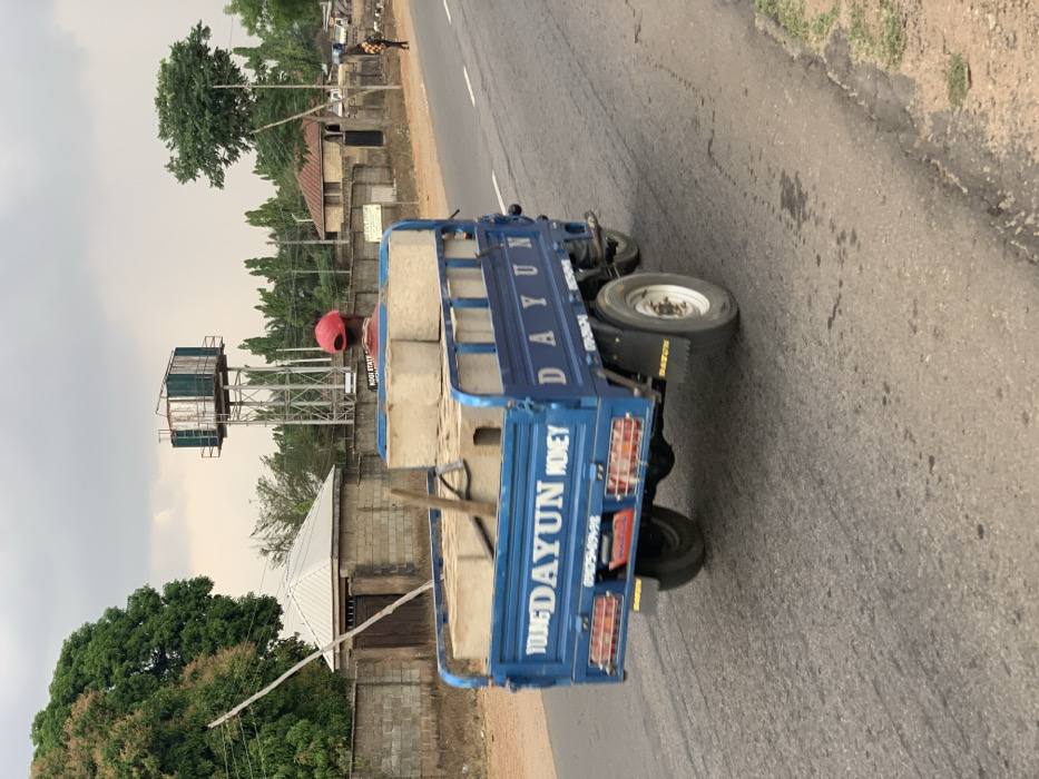 A blue, three-wheeled vehicle, labeled "YOUNG DAYUN MONEY", is loaded with rectangular objects and travels on an asphalt road. In the background, there's a water tower and several buildings. The weather appears overcast. Green trees line the side of the road, and a person can be seen walking in the distance.